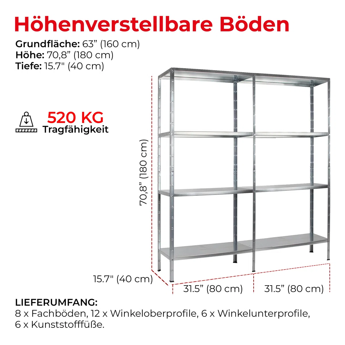SCHULTE Regalwelt | Steckregal - Metallregal 180 x 160 x 40 cm | Kellerregal - Lagerregal | 520 KG Belastung | Regal Metall - Regalsystem - Buchregal - Regale für Kellerraum | Made in Germany