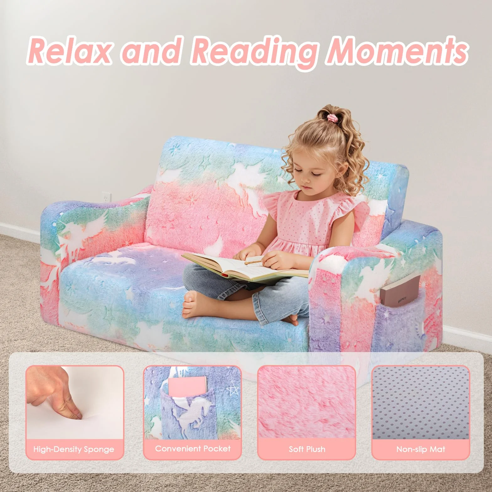 Einhorn Kindercouch ausklappbar 2-in-1, Extra Groß Kindersofa Das im Dunkeln leuchtet mit Schlaffunktion,Kindersessel für Kinder Kinderzimmer Spielzimmer