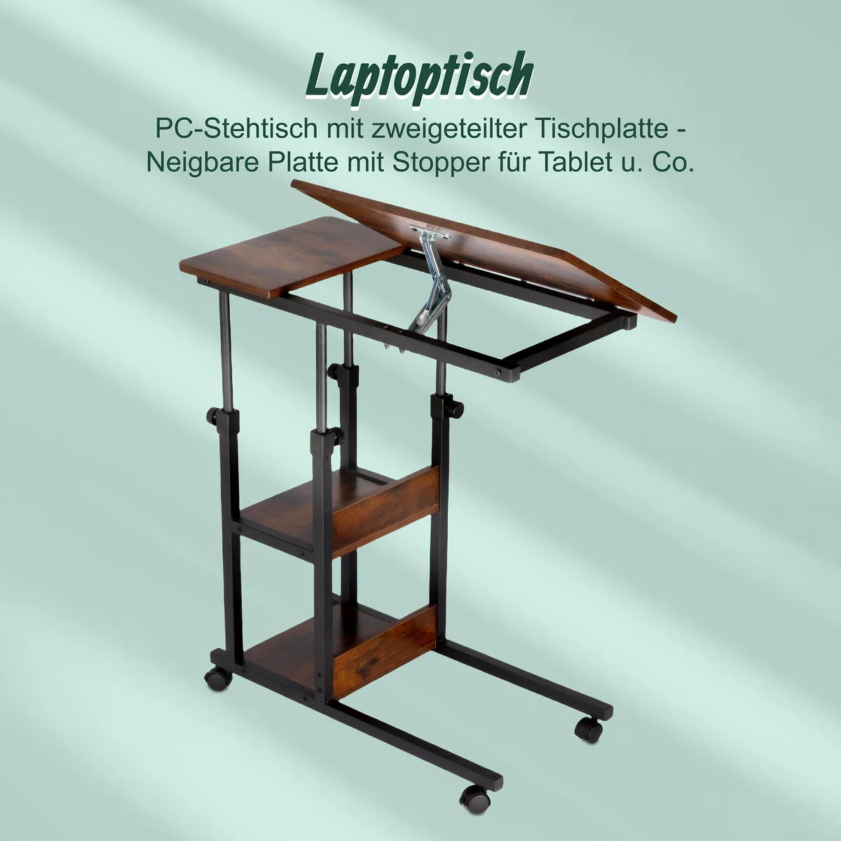 Relaxdays Laptoptisch, 63–90 cm höhenverstellbar, neigbar, Beistelltisch mit Rollen, 2 Ablagen, C-Form, braun/schwarz