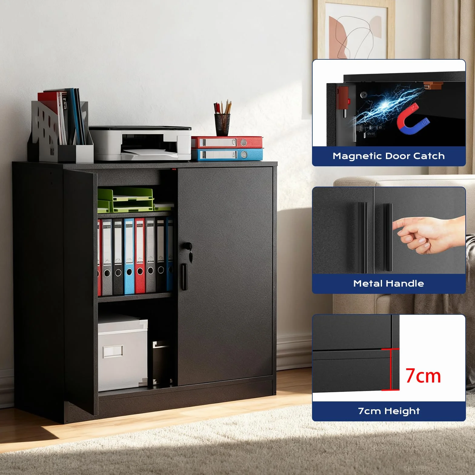 Aktenschrank, Büroschrank Abschließbarer Schrank mit Einlegeböden, Mehrzweckschrank Höhenverstellbar Aufbewahrungsschrank Aktenschränke für Büro, Homeoffice, Wohnzimmer, Garage, Schwarz