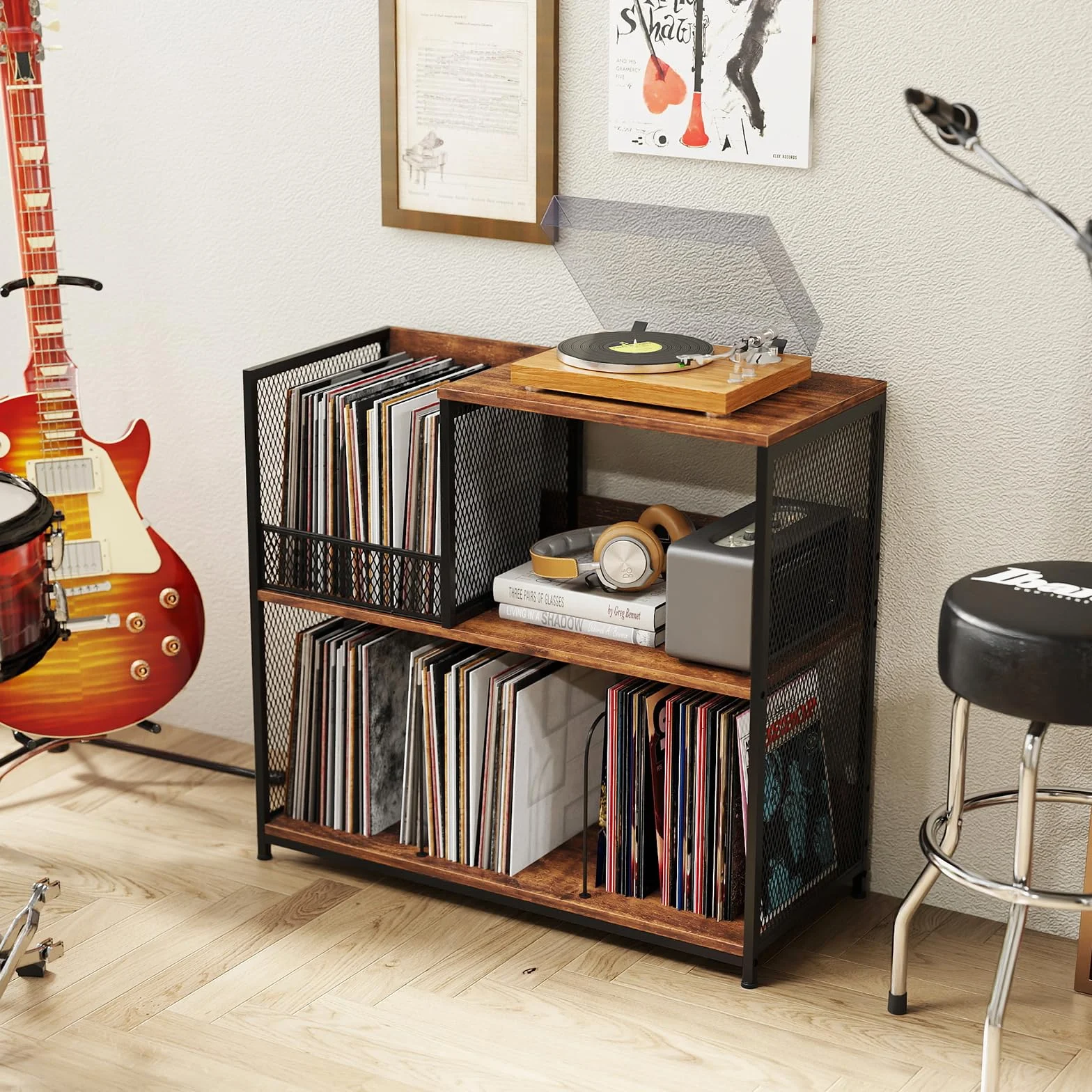 KOMFOTTEU Vinyl-Plattenspielerständer für bis zu 300 Alben, 3-stöckige Schallplatten-Display mit 3 abnehmbaren Trennwänden, Plattenspieler aus Holz und Metall (Braun)