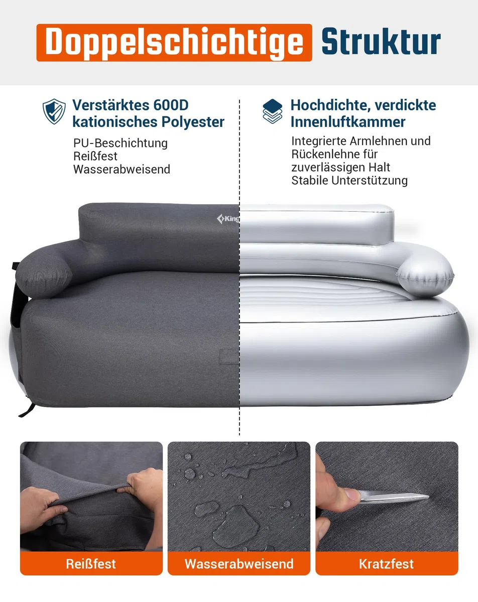 KingCamp Aufblasbares Sofa Camping mit Elektropumpe, 400 kg Belastbar Luftsofa Outdoor, Tragbarer Doppel Camping Couch Aufblasbar, Wasserdichtes Luft Sofa für 2 Personen, Reisen Strand Garten, Grau
