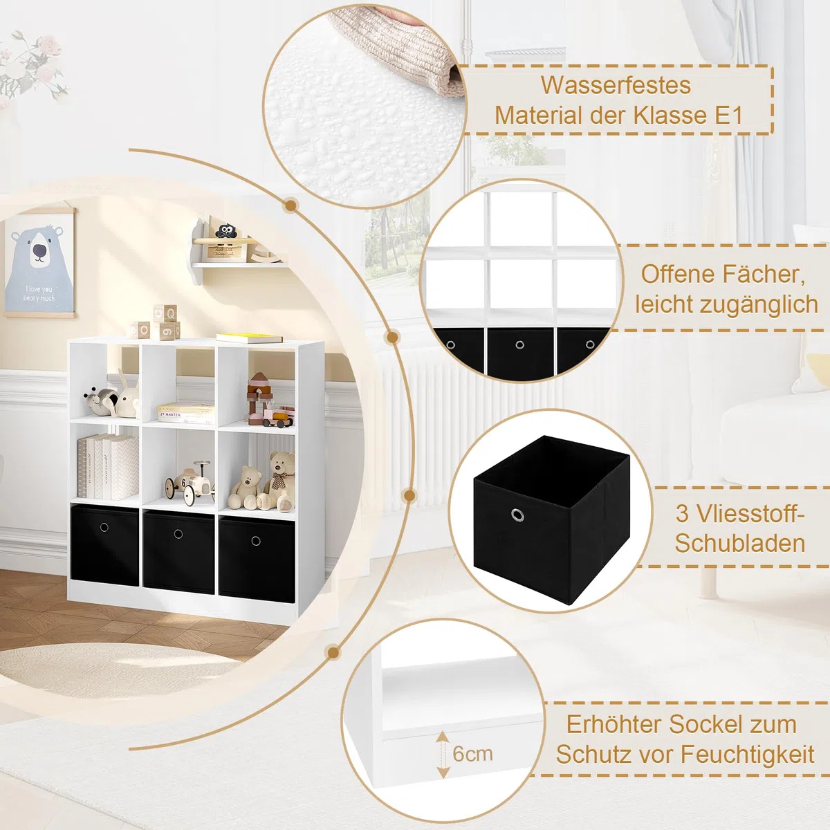 WOLTU Bücherregal Bücherschrank Standregal Würfelregal Aufbewahrungregal Raumteiler Büroregal, mit 9 Fächern 3 Schubladen aus Vliesstoff, für Wohnzimmer Schlafzimmer Büro, Weiß, SK041ws