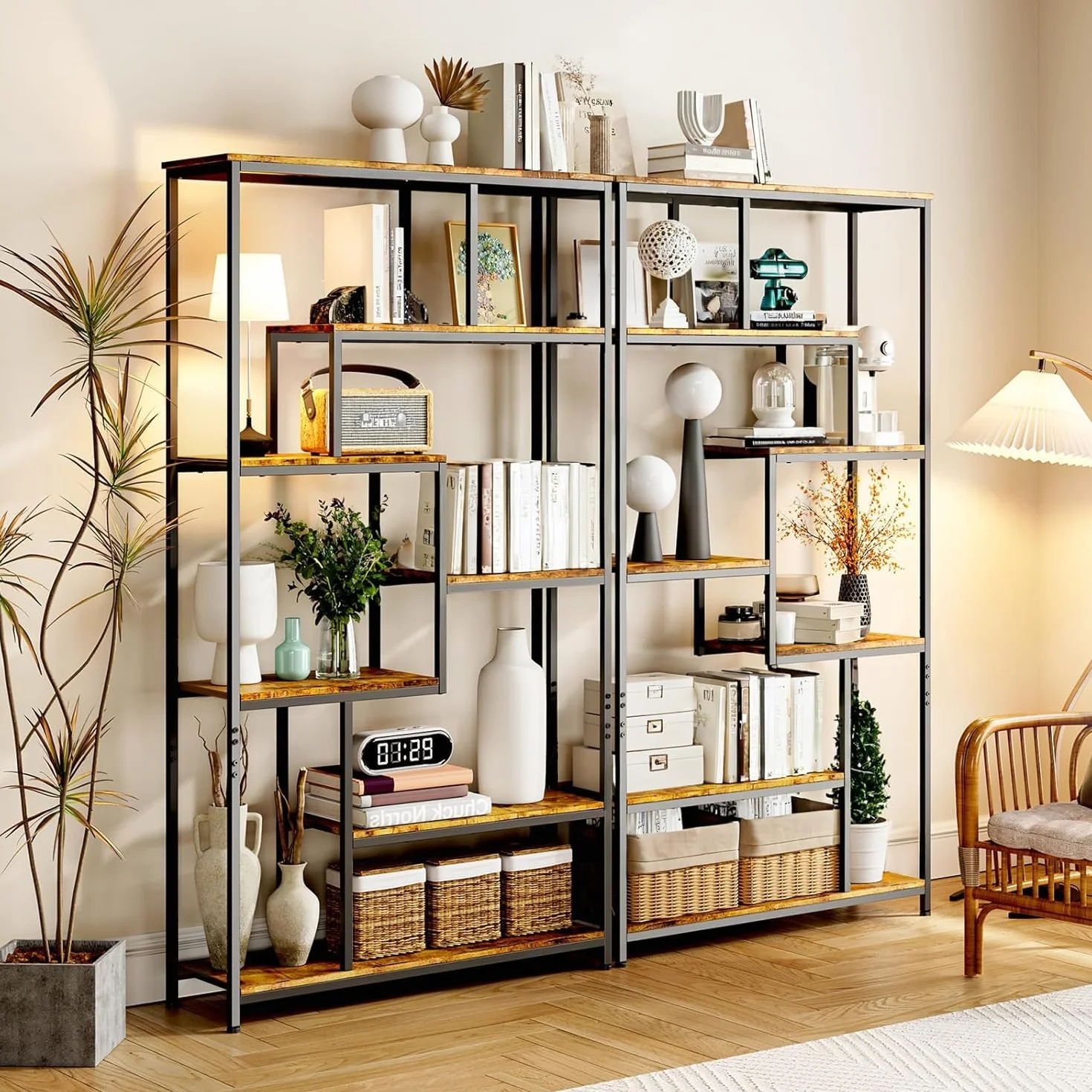 Bealife Bücherregal, 5-stöckiges Versetztes Bücherregal. Offenes Freistehendes Regal für Wohnzimmer, Industriedesign, 98 x 30 x 180 cm, Büro, Arbeitszimmer, Retro