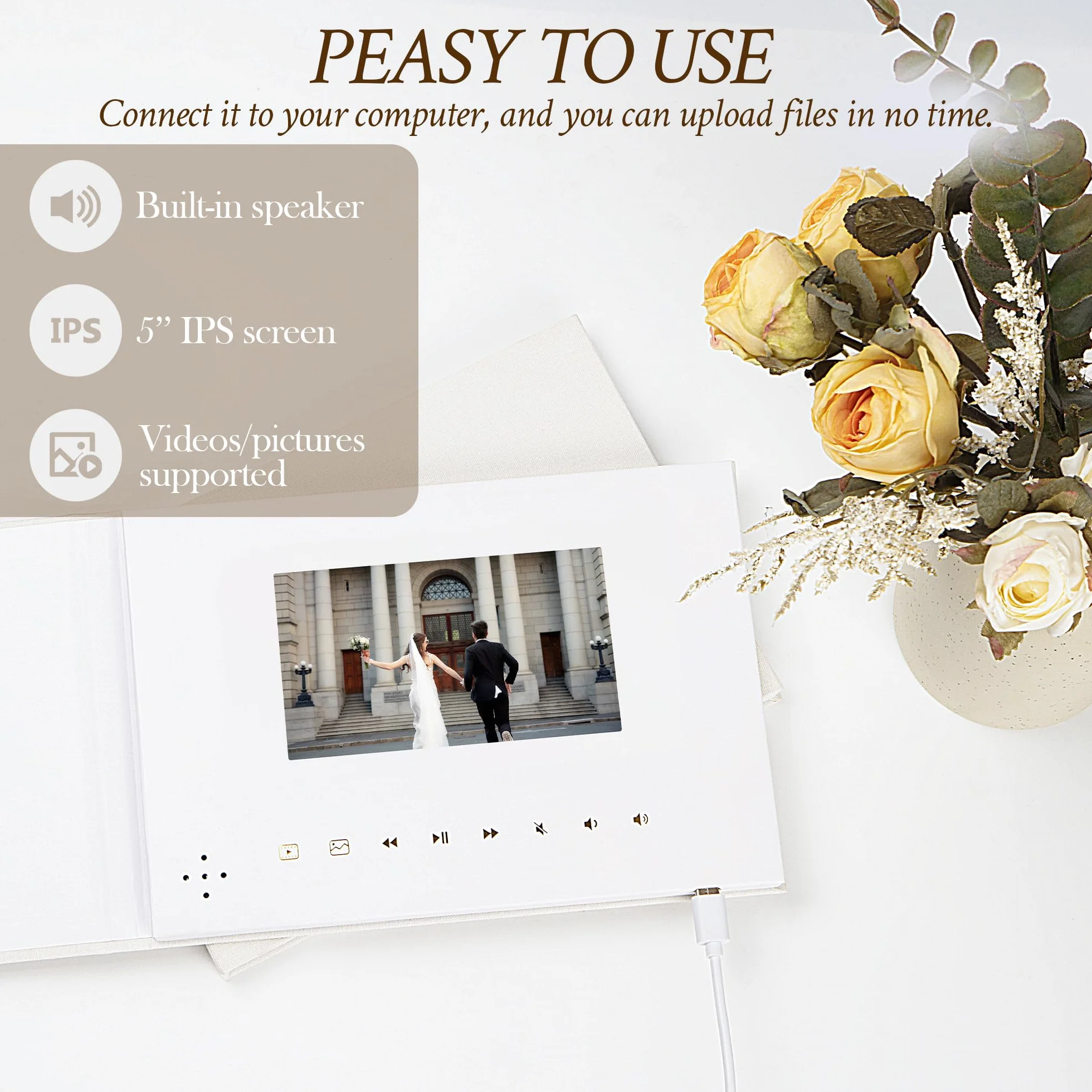 Luxuriöses Leinen-Videobuch, blanko, anpassbares Video und Nachrichten, 12,7 cm (5 Zoll) IPS-Display, wiederaufladbarer Akku, 3-Stunden-Videowiedergabe, ideal für personalisierte Geschenke