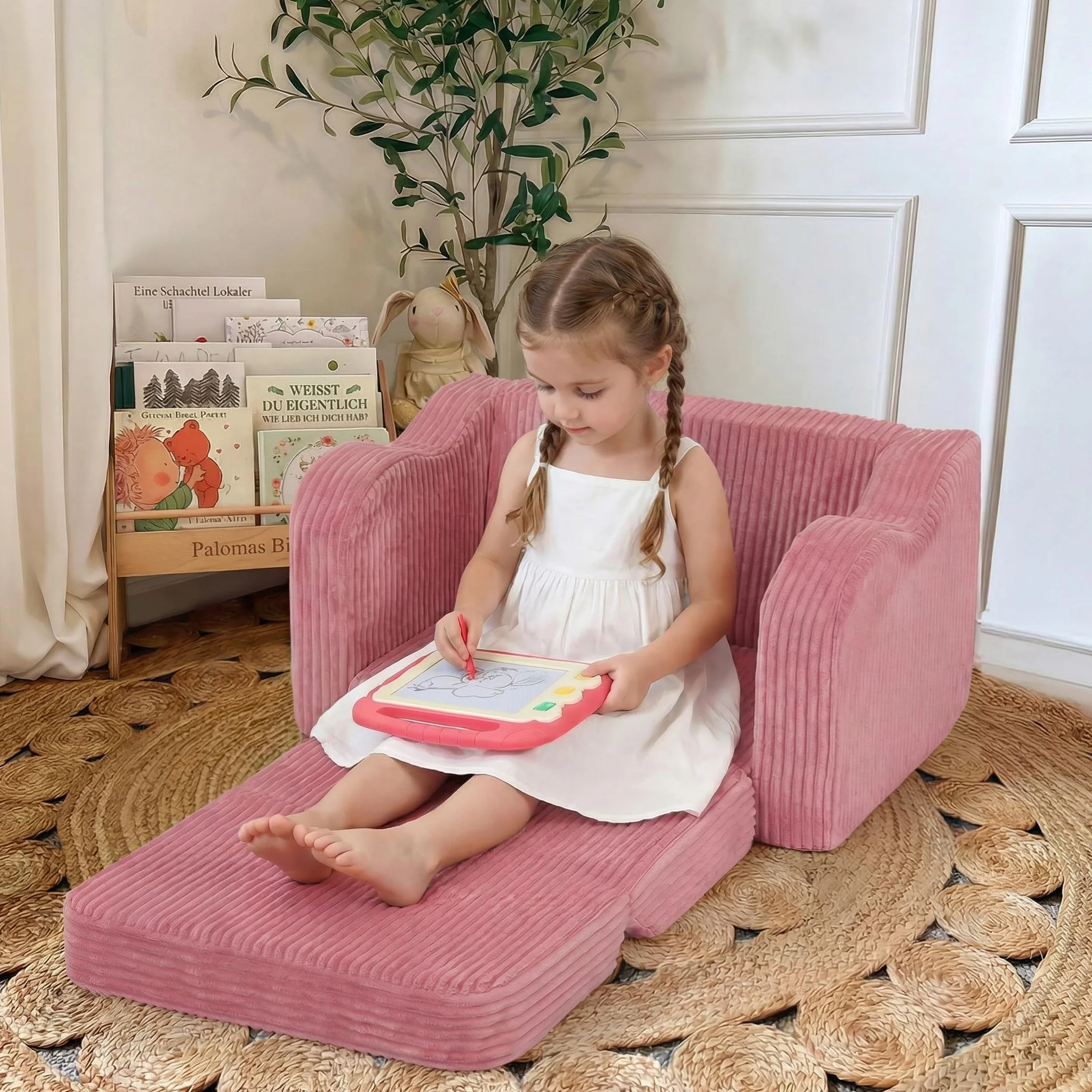 MeMoreCool Cord Kindersofa, Kinder Relaxsessel, Baby Lounge Sofa, Mini Couch für Kuschelecke Kinderzimmer, ausklappbare Couch für Jungen und Mädchen im Alter von 1–3 Jahren, Rosa