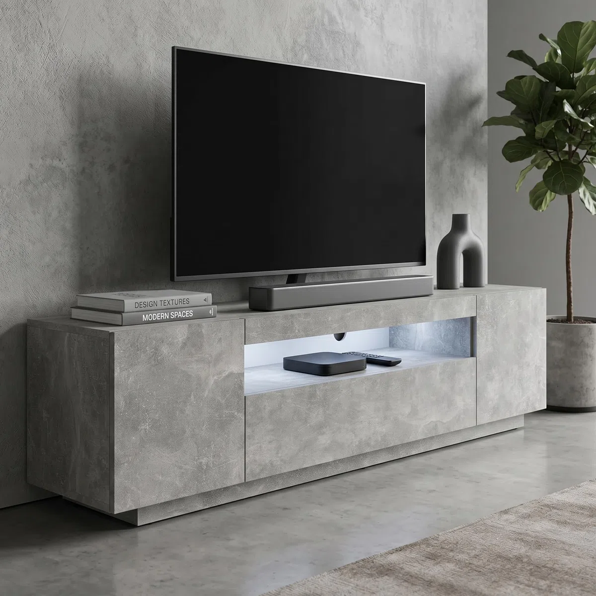 BIM Furniture Lowboard TV 200 cm - Universell Sideboard mit Laminierten Fronten und LED, Hängend oder stehend - Fernsehschrank HiFi Schrank fürs Wohnzimmer Beton