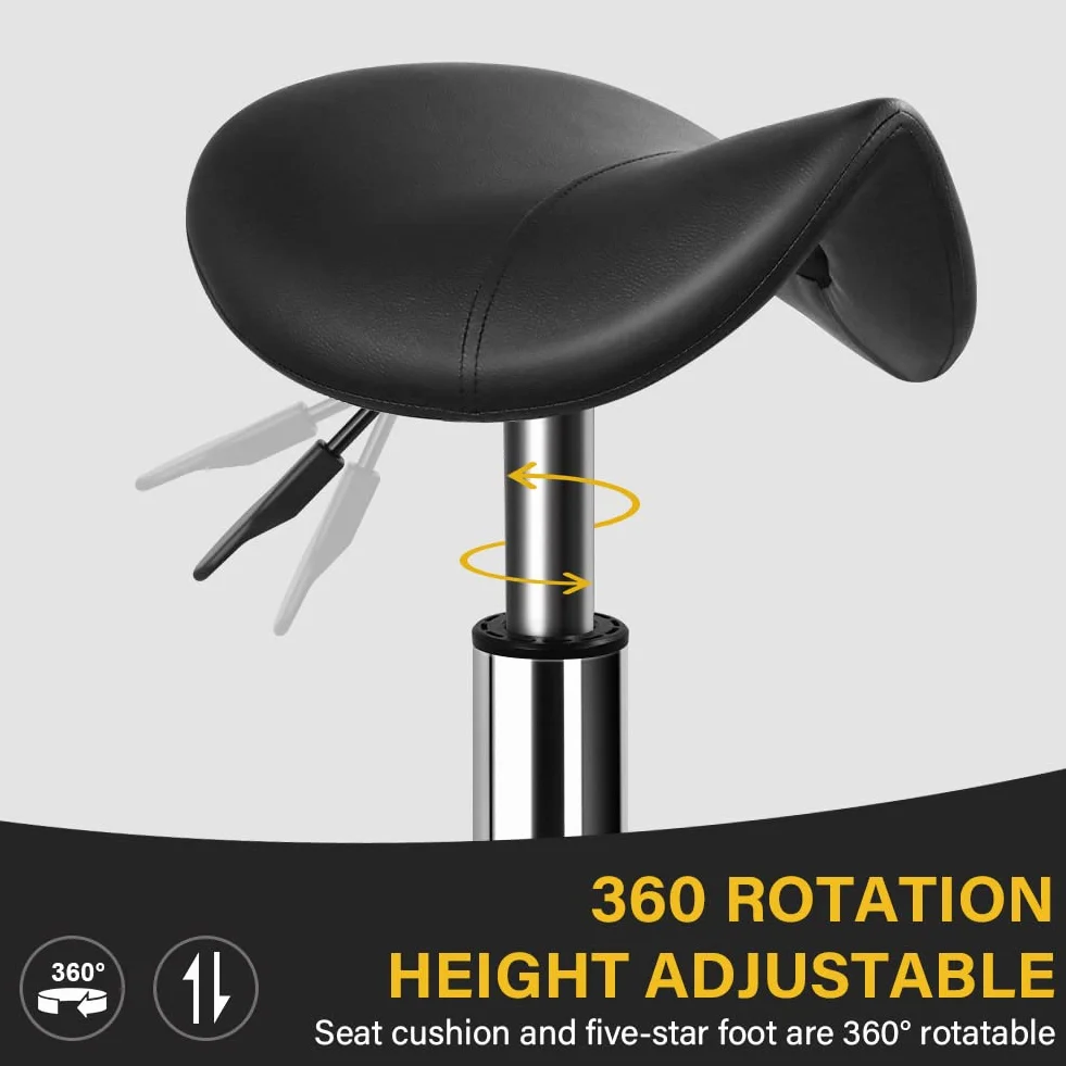 WKWKER Heavy Duty Rollhocker mit Rädern Hydraulischer Drehgelenk Verstellbarer Rollhocker Ergonomisch Dickes Leder Sitzhocker Stuhl für Küche Zeichnen Labor Büro Salon Nachricht Hocker - Schwarz
