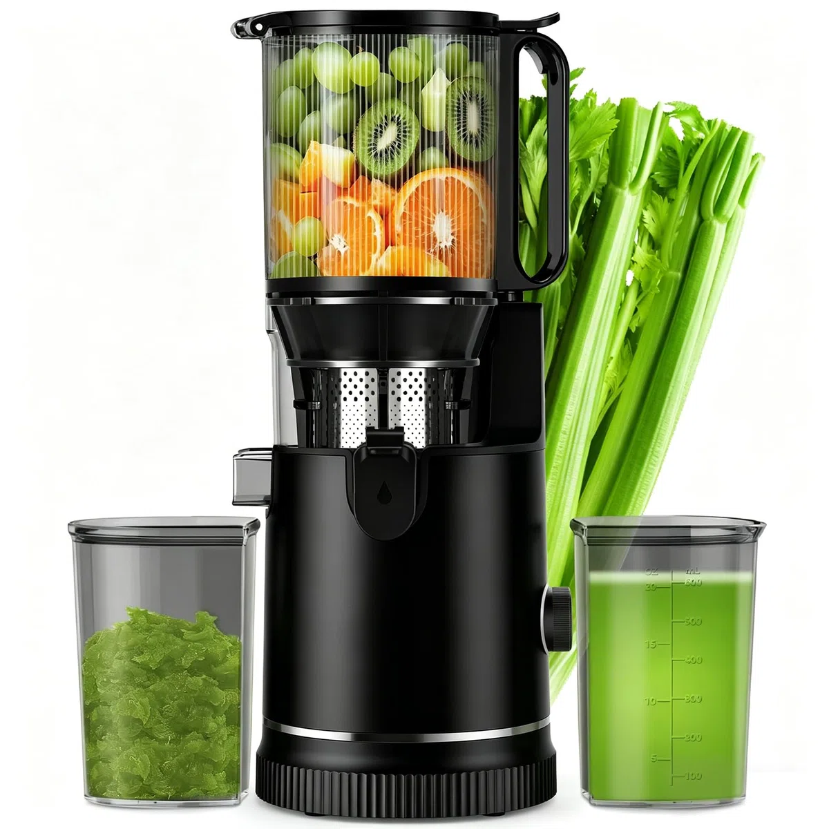 Entsafter Slow Juicer 400W, 152 mm Extra Großer Einfüllschacht für Ganze Früchte und Gemüse, Hohe Saftausbeute, 3-in-1 Sieb (Saft, Sorbet, Nussmilch), BPA-frei (1, black)