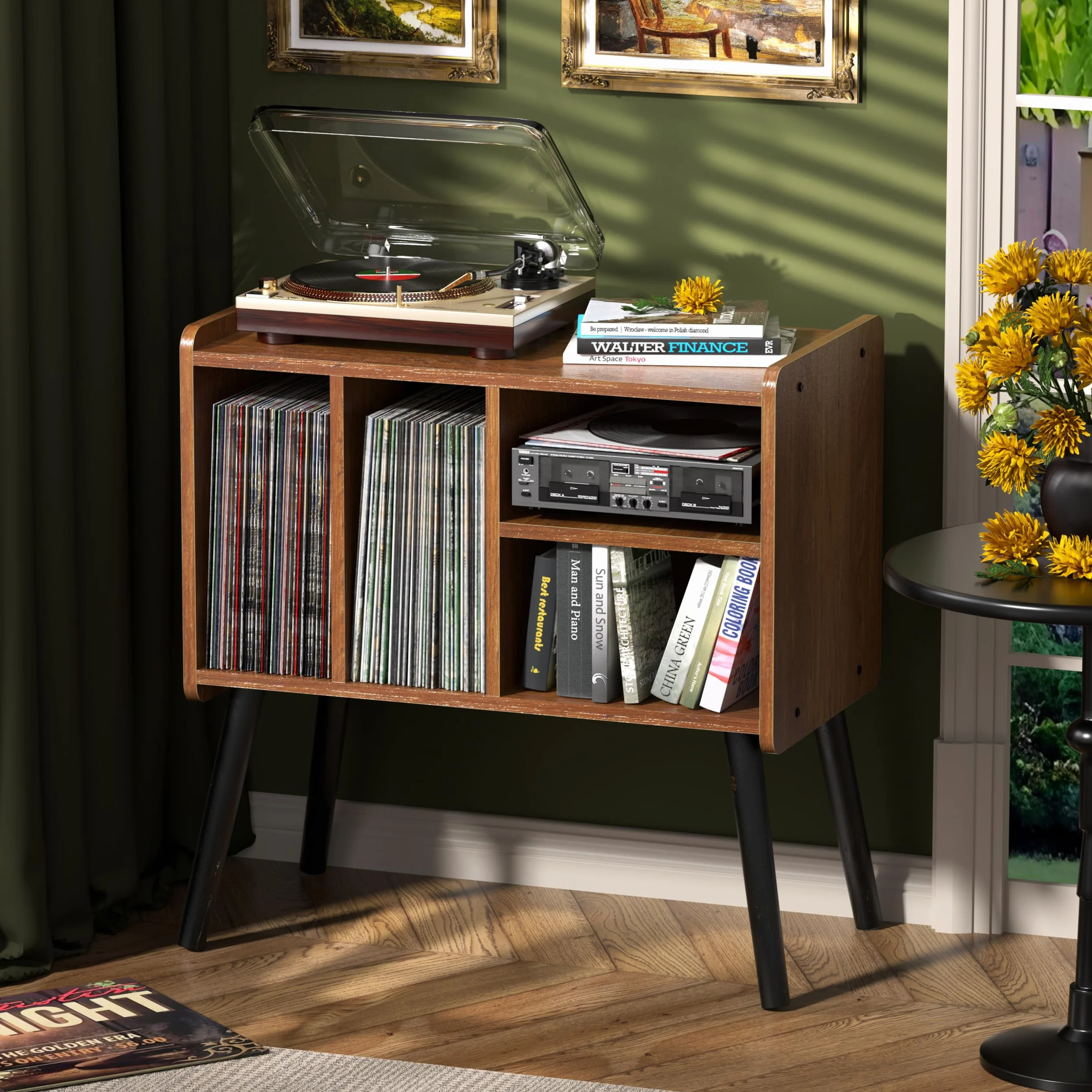 Plattenspielertisch, Plattenspielerständer aus der Mitte des Jahrhunderts mit Vinylaufbewahrung für bis zu 150+ Alben, Vinyl-Schallplattenschrank mit verstellbaren Regalen, Braun