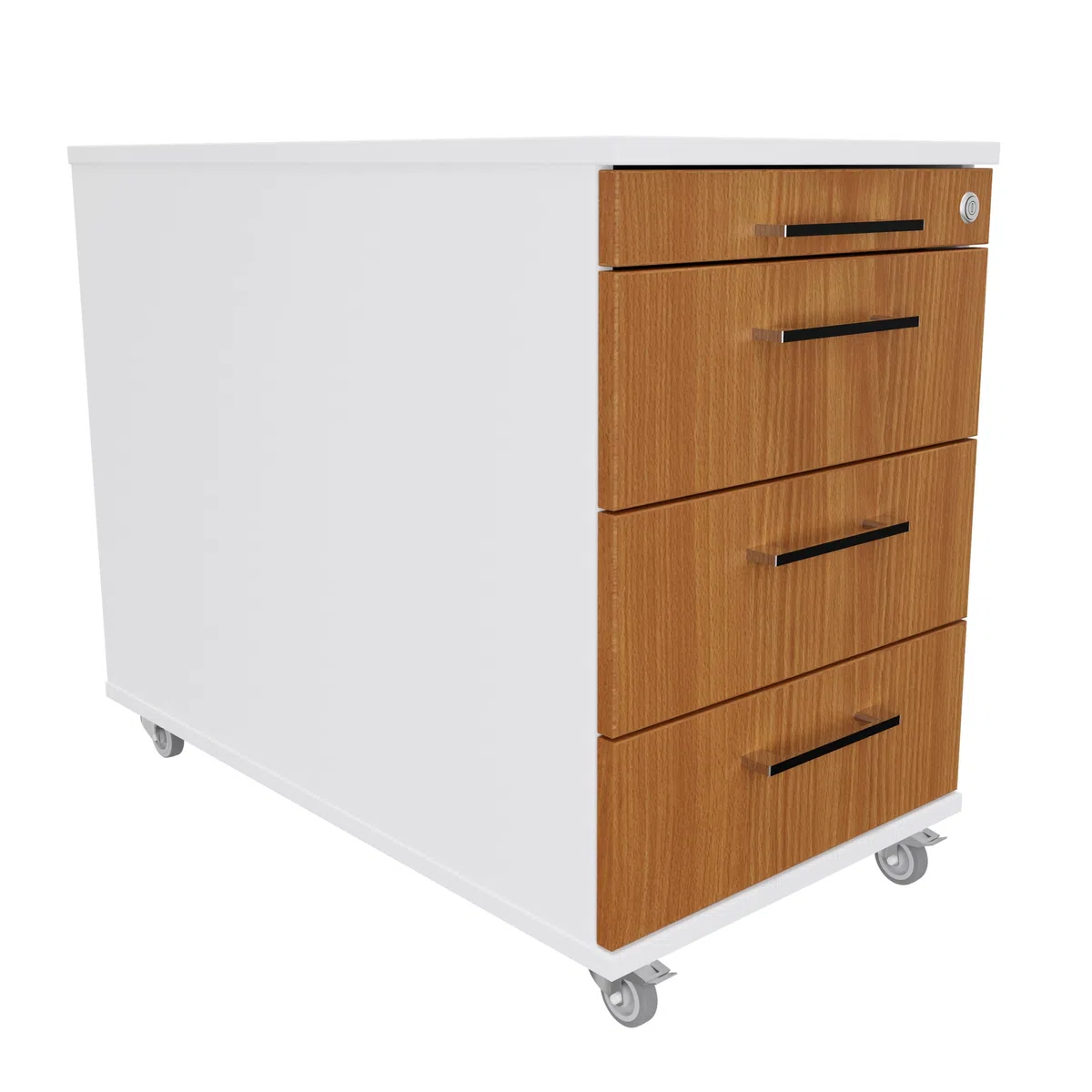 Eigentlich Rollcontainer 80 cm tief, 3 Schubladen und Materialauszug, Rollschrank B43xT80xH65 cm abschließbar, Schreibtischunterschrank versch. Farben (Korpus Weiß, Front Buche)