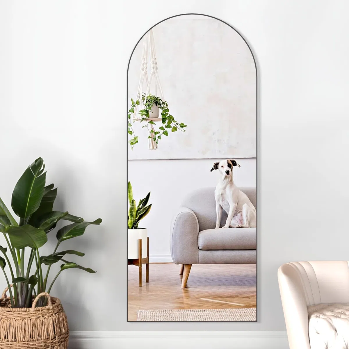165 x 60 cm gewölbter Bodenspiegel, Ganzkörper-Wandspiegel mit Aluminiumrahmen, gewölbter Oberseite, zum Aufhängen oder Anlehnen, Ankleidespiegel für Schlafzimmer, Wohnzimmer, Schwarz