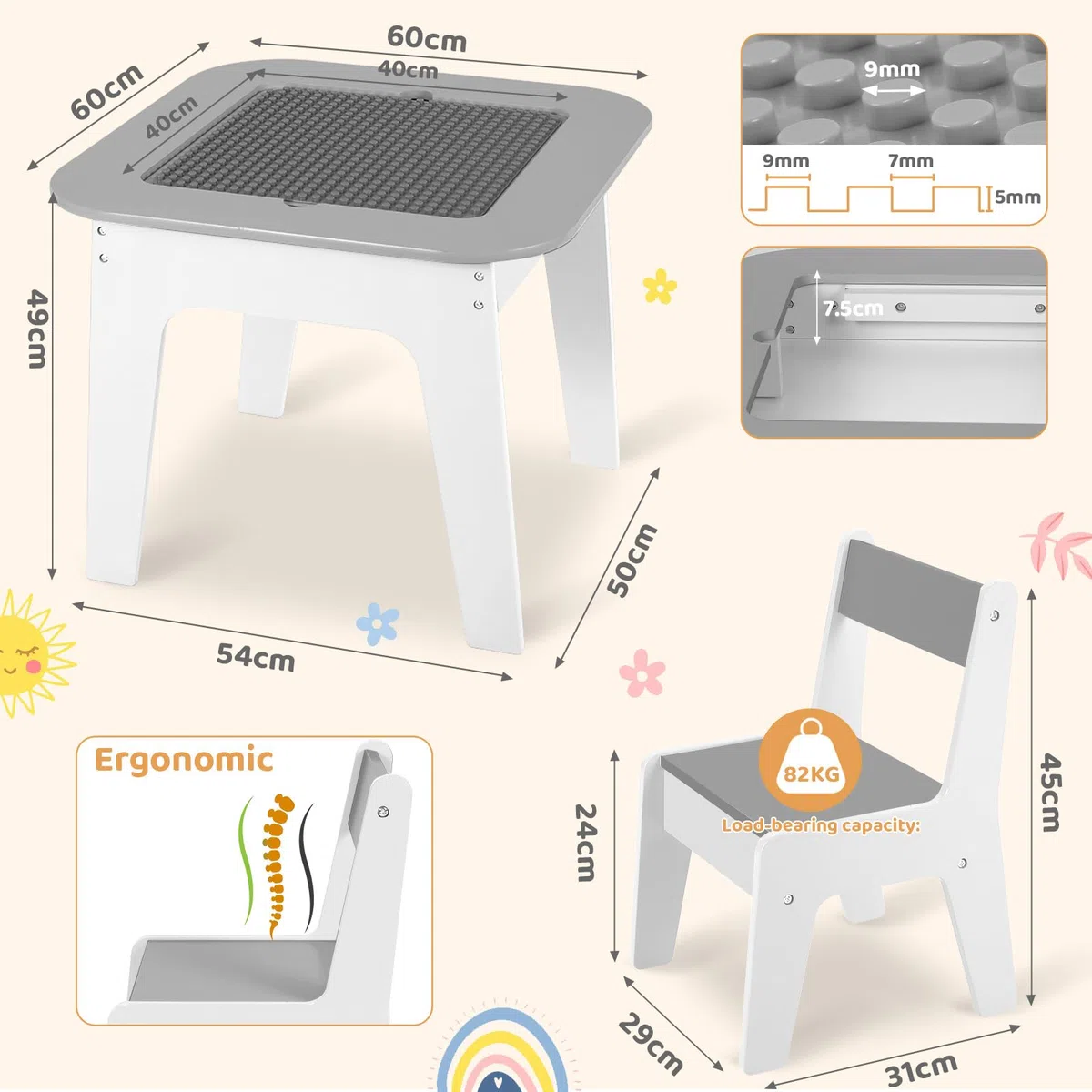 Clevich Kinder Tisch Stuhl Set, Kindersitzgarnitur, Stauraum, mit 2 PCS Stühlen, Kindersitzgruppe, Doppelseitiger Maltisch & Bauplatte, Packung mit 2 Stühlen, Kindermöbel für Kinderzimmer, Grau