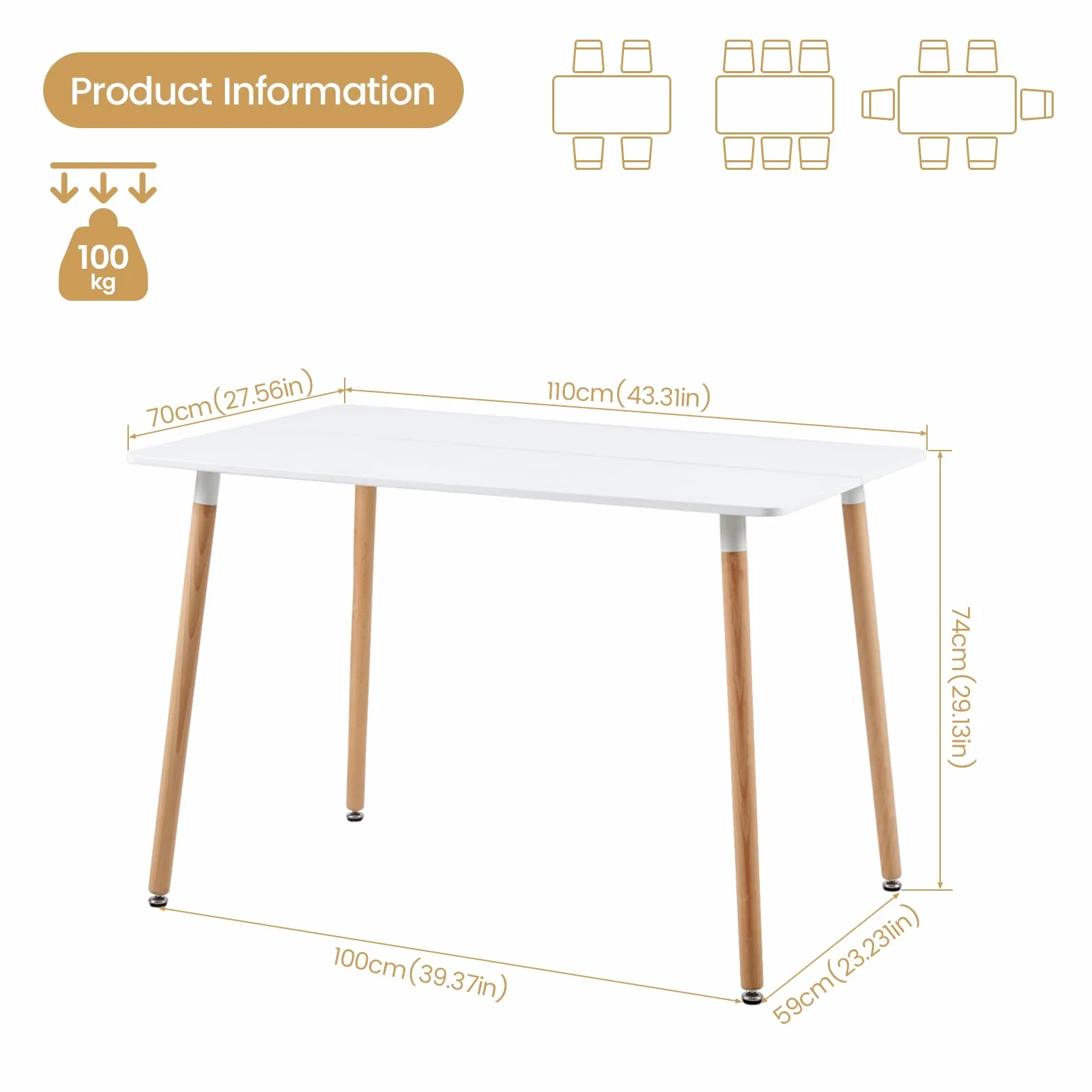 H.J WeDoo Rechteckig Esstisch Küchentisch Buchenholz für 4 Stühle Esszimmertisch Tisch mit Holzbein MDF Weiß 110 x 70 x 75 cm(Nur Tisch)