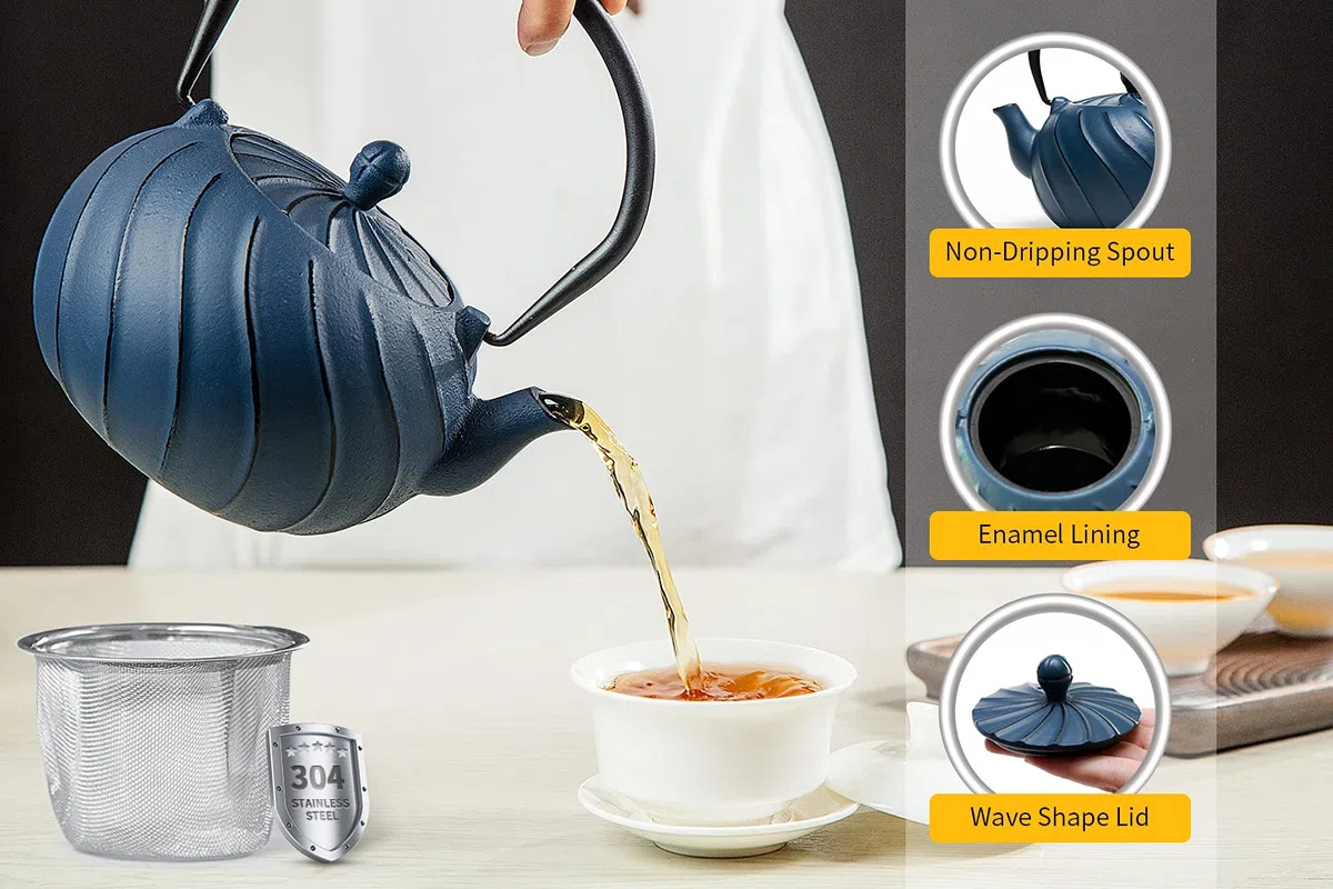 TOPTIER Japanischer Gusseisen-Tee-Kessel mit Infuser für lose Blätter und Teebeutel, Gusseisen-Tee-Kessel mit emaillierter Innenausstattung für 40 oz (1200 ml), Mitternachts-Schwarz