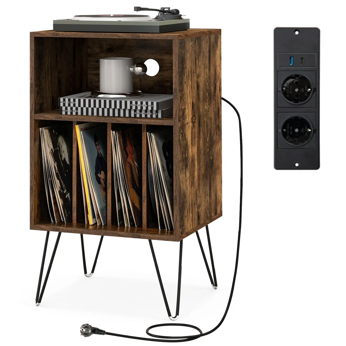 COSTWAY Plattenspieler-Ständer mit Ladestation, 3-stufiger Schallplattenständer, Vinylplatten Aufbewahrungstisch mit Regal & 4 Trennwänden für Wohnzimmer 48 x 40 x 88 cm (Industriell)