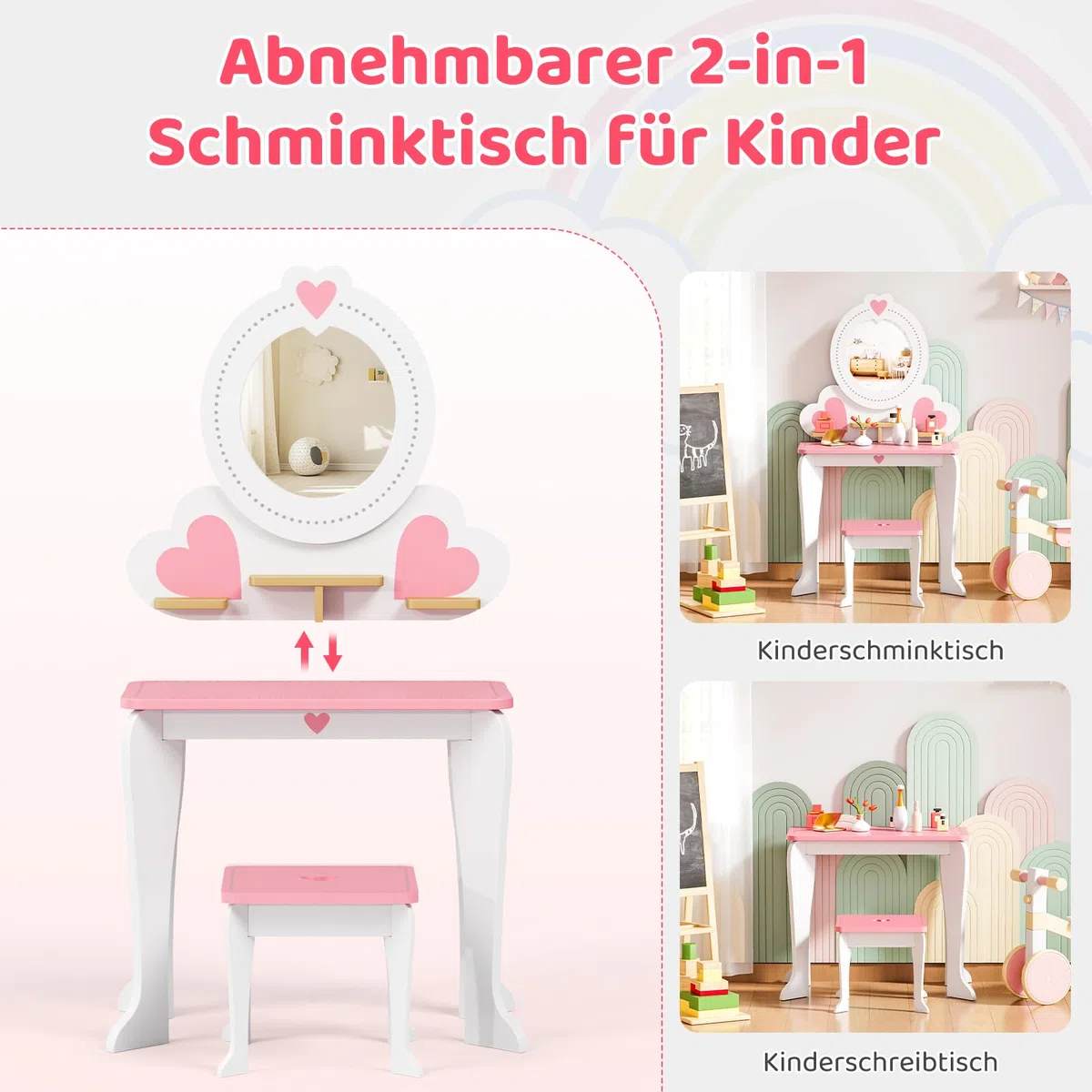 MAMIZO Schminktisch Kinder mit Abnehmbarem Spiegel, Kinderschminktisch Holz mit Hocker, 2 in 1 Prinzessin Frisiertisch, Kinderschreibtisch, Schminktisch Mädchen ab 3 Jahre, 50x33x91cm, Weiß