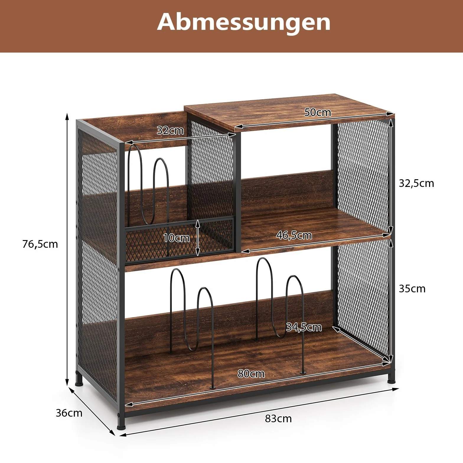 COSTWAY 3-stöckiger Plattenspielerständer für bis zu 300 Alben, Grammophontisch mit 3 herausnehmbaren Trennwänden und Metallrahmen, Vinyl-Präsentationsregal für Wohnzimmer (Braun)