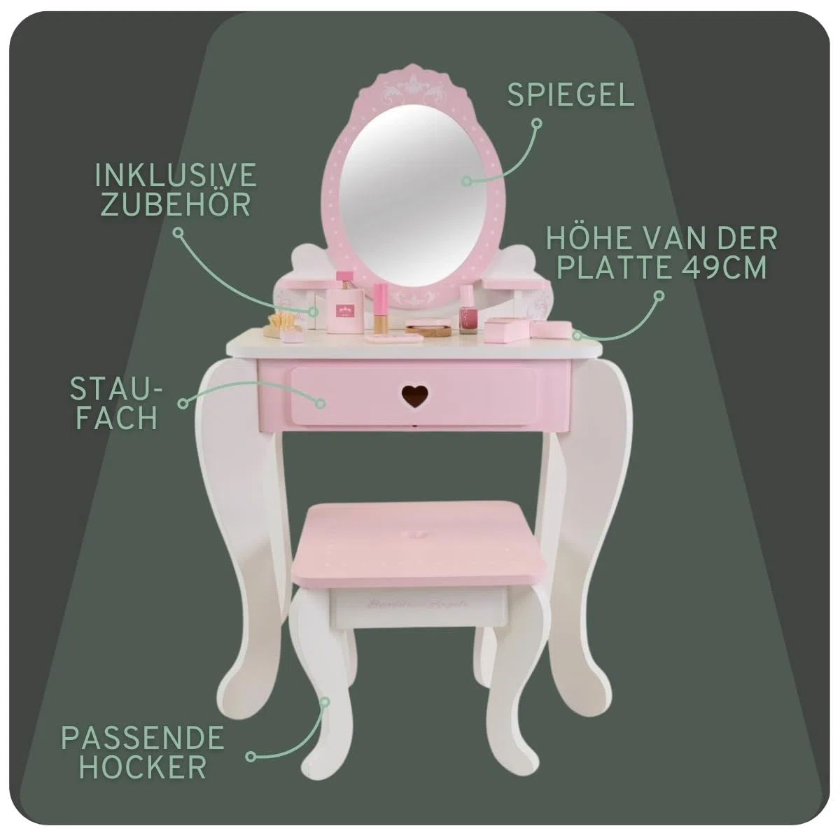 Bandits & Angels Kinderschminktisch Julia Weiß Rosa mit Spiegel für Mädchen ab 3 Jahren - Schminktisch aus Holz - Schminktisch inklusive Hocker - Für Kinder