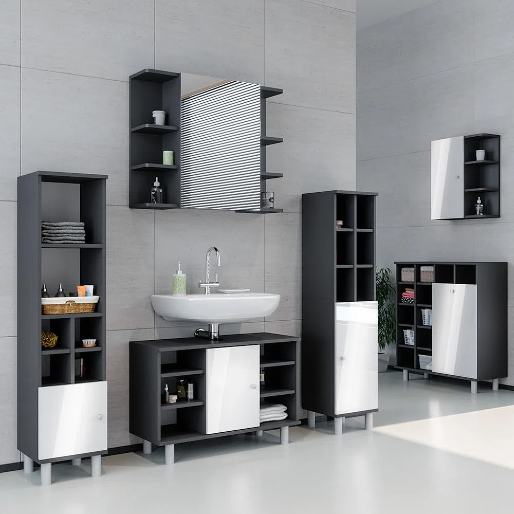 Vicco Badmöbel-Set Fynn, Anthrazit, 60 cm, besteht aus Waschbeckenunterschrank, Spiegelschrank und Hochschrank