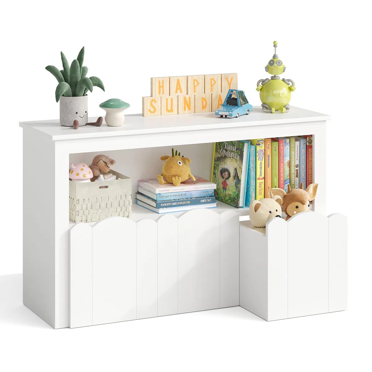 YOUDENOVA Kinderregal, Kinderzimmer Möbel mit 3 Boxen, Spielzeug Aufbewahrung auf Rollen, 102,2x33x61,5 cm, Aufbewahrung Kinderzimmer für Bilderbücher, Geschichtenbücher und Spielzeug, Weiß