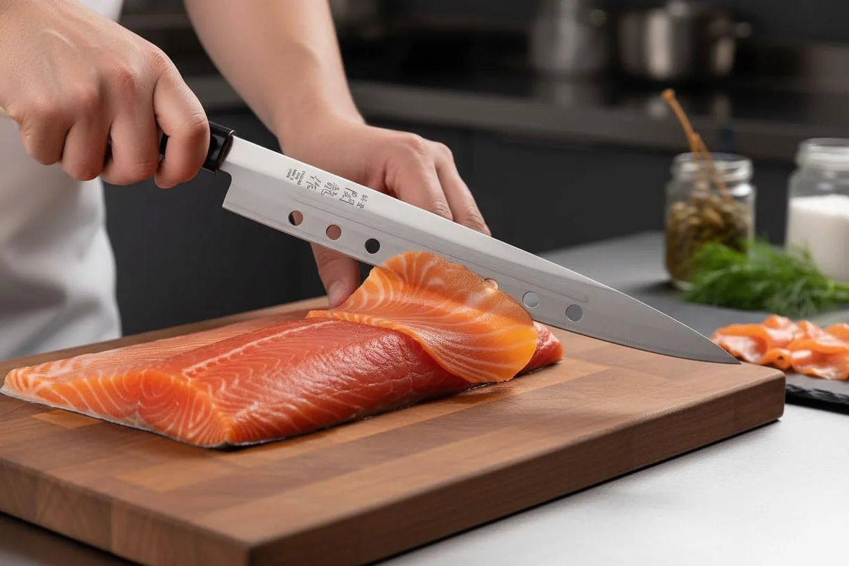 Cocktail7 Japanisches Yanagiba Sashimi Sushi Küchenmesser zum Filetieren von Fisch Edelstahl Klinge 21 cm, Holzgriff, Hergestellt in Japan (with Holes)
