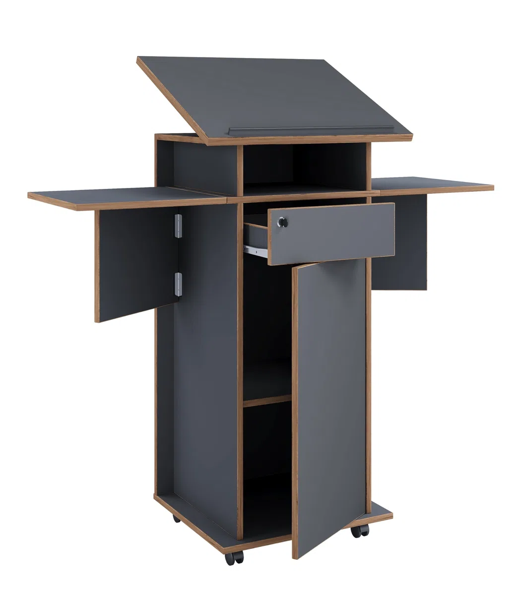 VCM Holz mobiles Rednerpult | Maße ca. H. 107 bis 128 cm x B. 60 bis 123 cm x T. 44 cm | rollbar mit Schublade | Stehpult | Stehtisch mit Tür - Salia