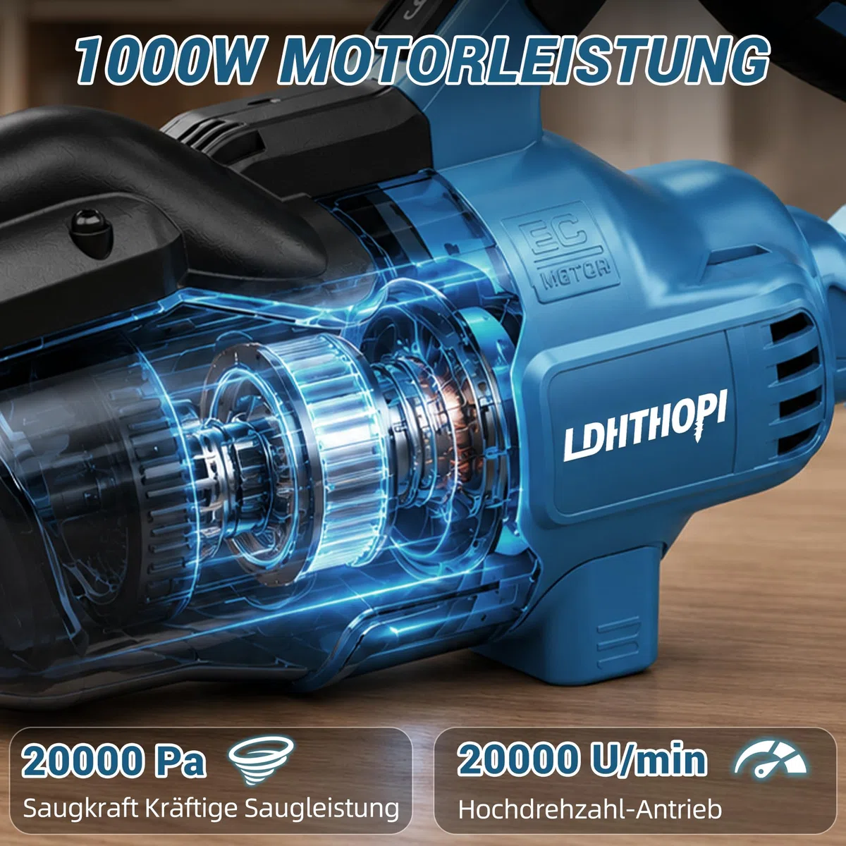 LDHTHOPI Akku Staubsauger für Makita 18V,20000 Pa Starke Saugleistung,1,28 kg Leichter Staubsauger mit HEPA-Filter,5in1 Handstaubsauger mit LED-Licht Für Teppich,Hartboden,Möbel,Auto (Ohne Akku) Blau