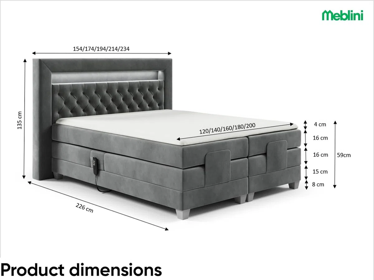 MEBLINI Boxspringbett Elektrisch Verstellbar mit LED - Gepolstert Doppelbett mit Matratzen und Toppers - Polsterbett - Bett mit Kopfteil - SANTORE - 120x200 - H3/Dunkelgrau Samt