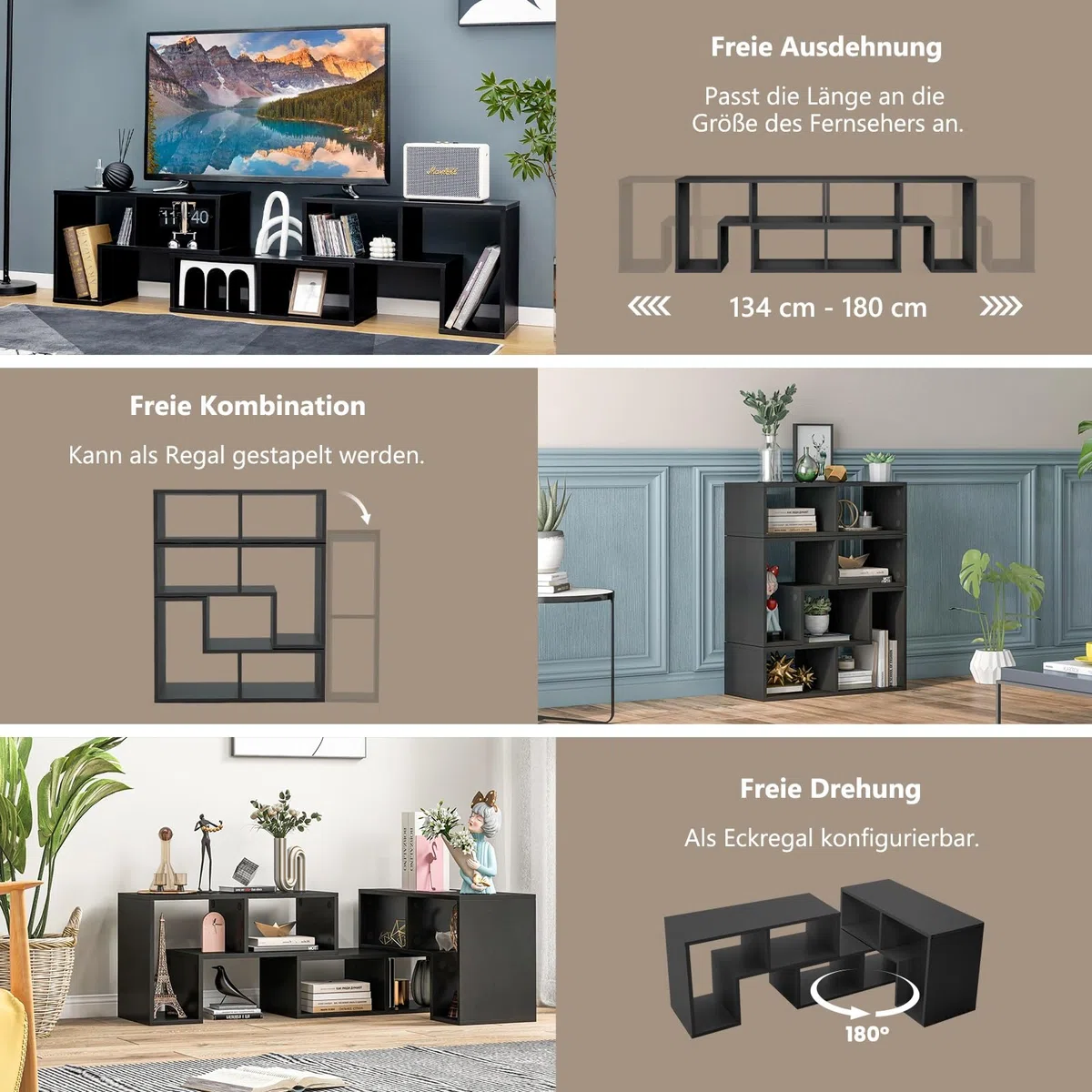 GIANTEX Fernsehschrank TV Schrank frei kombinierbar, Fernseher Regal Holz 180x30x43 cm, Sideboard TV Board Lowboard modular 3 teilig, Fernseher Schrank Fernsehtisch für 65 Zoll Fernseher, Schwarz