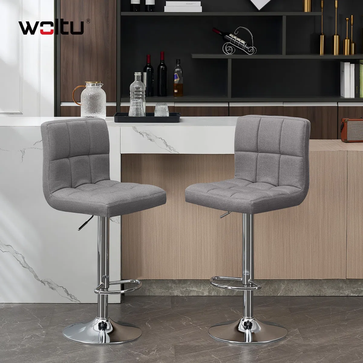 WOLTU Barhocker 2er Set Barstühle HellGrau, Höhenverstellbar, Drehstühle, Küchenstühle mit Rückenlehne und Fußstütze, Robuster Metallrahmen, gemütliche feines Leinen weiche Sitzfläche