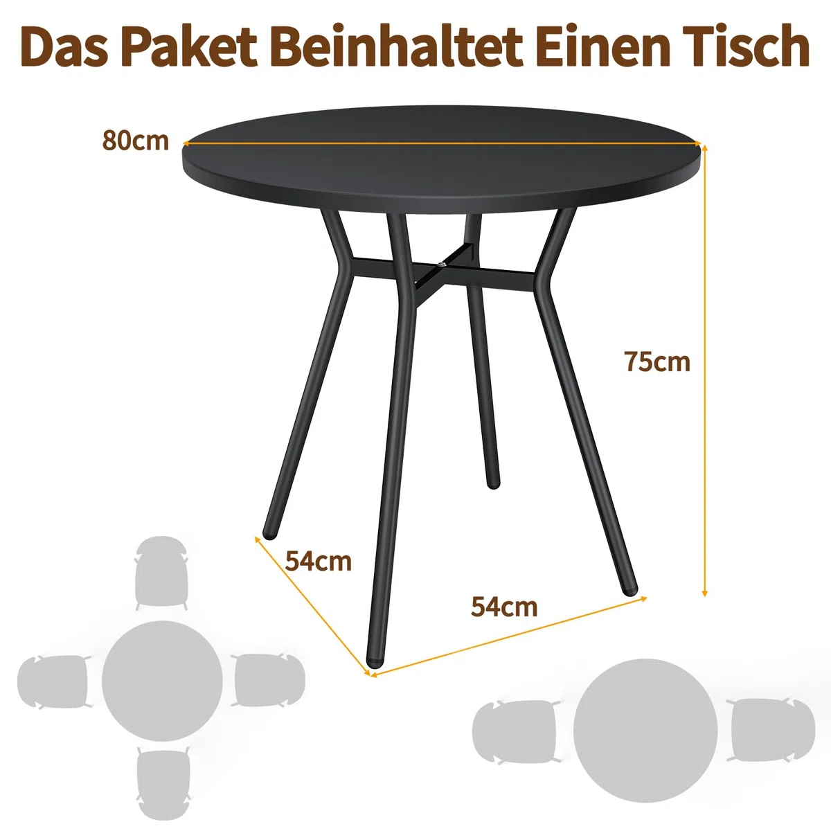 JIJIAN Runder Esstisch für 2-4 Personen, Kleiner Küchentisch 80 x 80 x 75 cm, Metallbeine, ideal für kleine Wohnungen, Küche, Esszimmer, Balkone und Gärten, Schwarz
