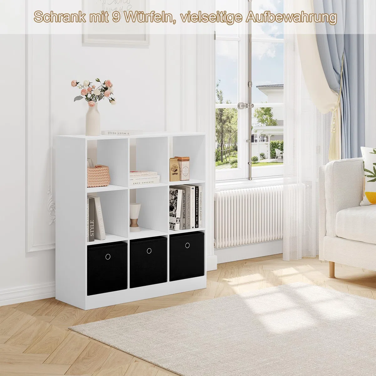 WOLTU Bücherregal Bücherschrank Standregal Würfelregal Aufbewahrungregal Raumteiler Büroregal, mit 9 Fächern 3 Schubladen aus Vliesstoff, für Wohnzimmer Schlafzimmer Büro, Weiß, SK041ws