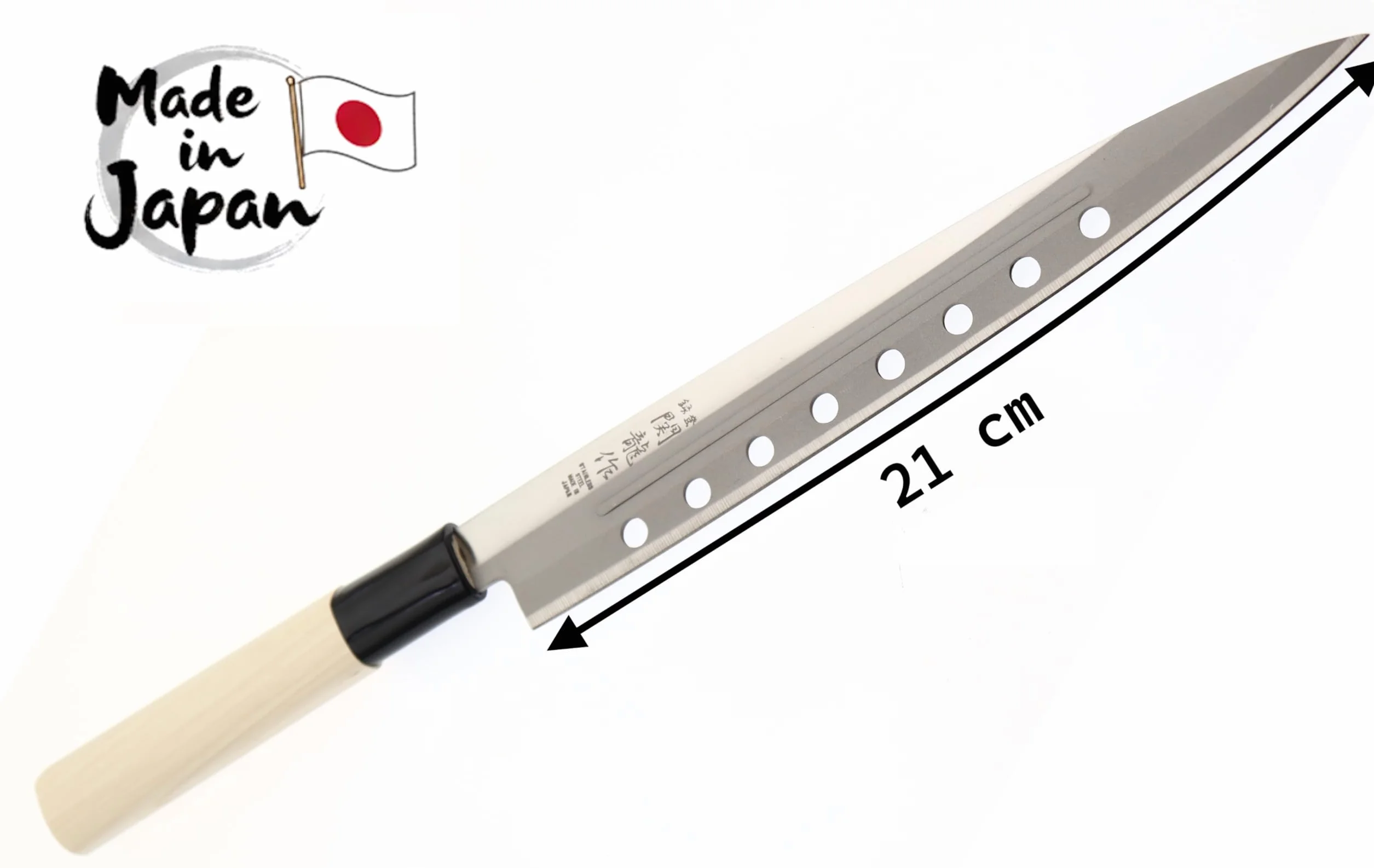 Cocktail7 Japanisches Yanagiba Sashimi Sushi Küchenmesser zum Filetieren von Fisch Edelstahl Klinge 21 cm, Holzgriff, Hergestellt in Japan (with Holes)