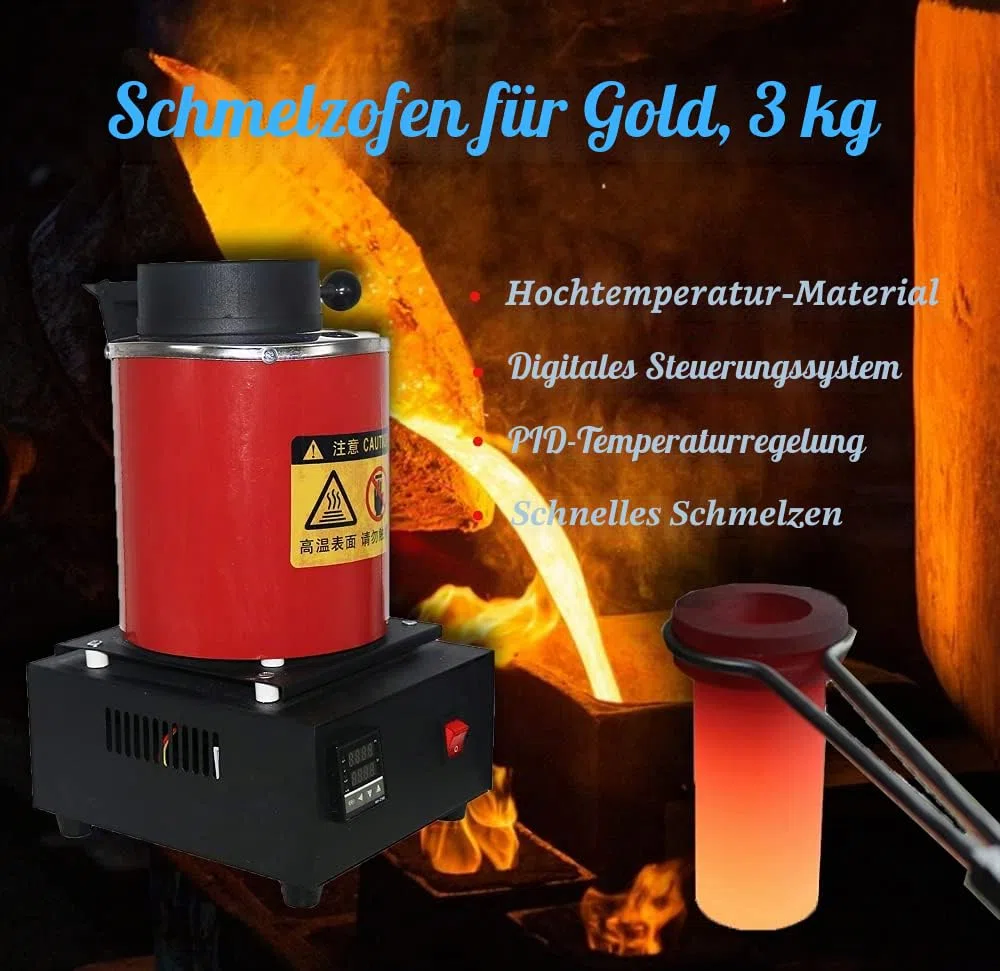 3 kg Gold-Schmelzofen, 1400 W 2000 F, digitaler elektrischer Schmelzofen mit Graphit-Tiegel für Schmelzkratzer, Silber, Gold, Kupfer, Aluminium, 220 V Verfeinerung des Gussefens
