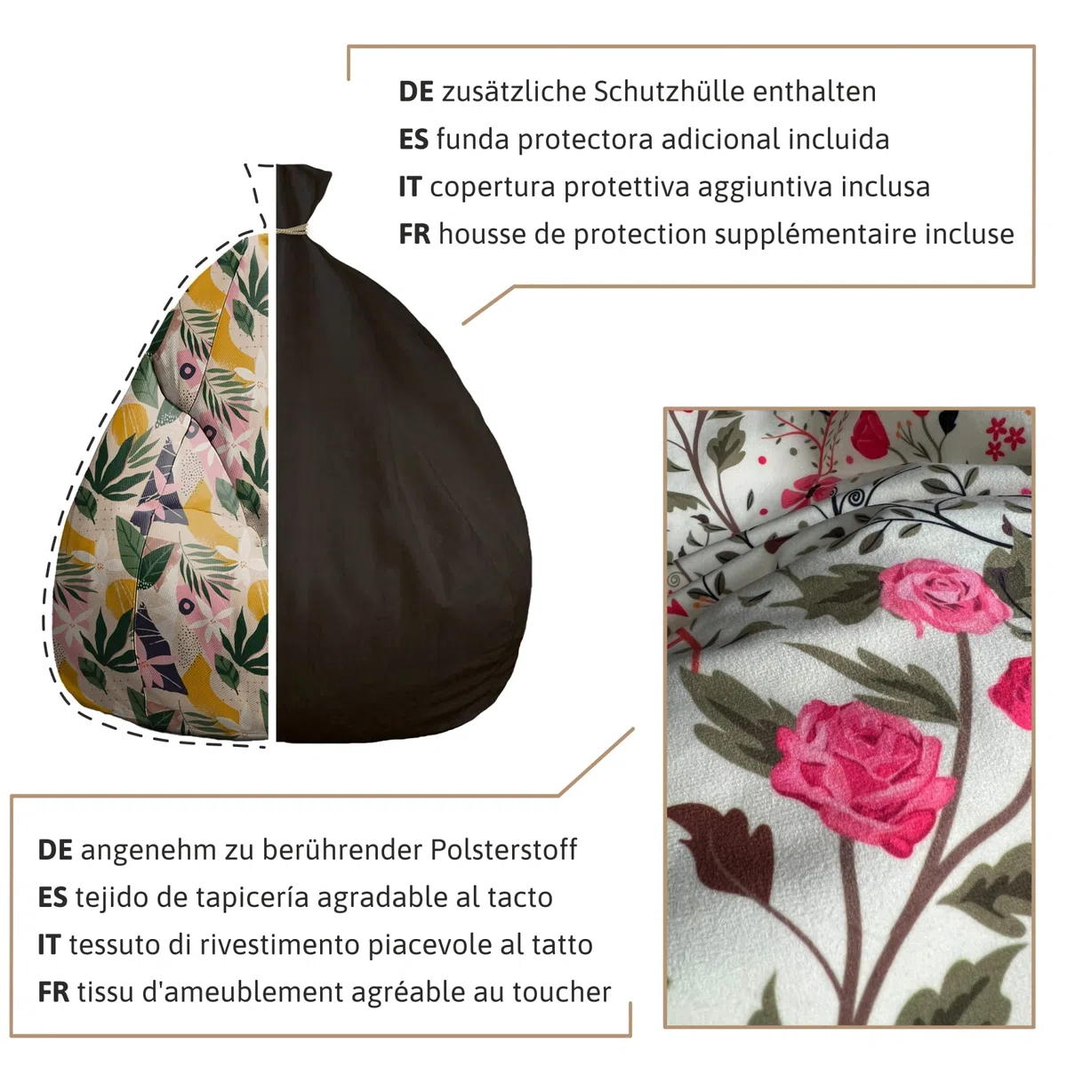 DreamRoots Sitzsack Kinder mit füllung - Bodenkissen Kinderzimmer 70 x 70 x 105 cm - Bean Bag - Bubibag - Kindersitzsack - Sitzkissen Boden