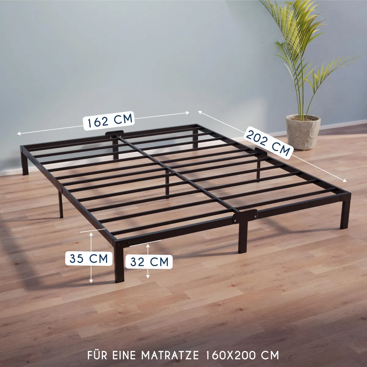 Dreamzie Bett 160x200 mit Lattenrost aus Metall - Bettgestell 160x200 für Matratze, Höche 35 cm - Großer Stauraum, Leicht zu Montieren und Stabil - Schwarzer Lattenrost