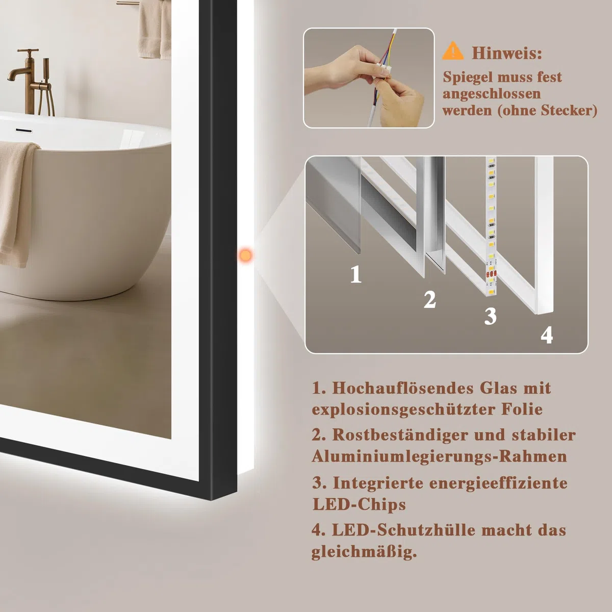 Badspiegel-mit-Beleuchtung 40x60 - Badezimmerspiegel LED Badezimmer Spiegel mit Beleuchtung - Beschlagfrei, Dimmbar, 3 Lichtfarben, Wandspiegel Led-Spiegel-Bad Schwarz Metallrahmen Horizontal/Vertikal