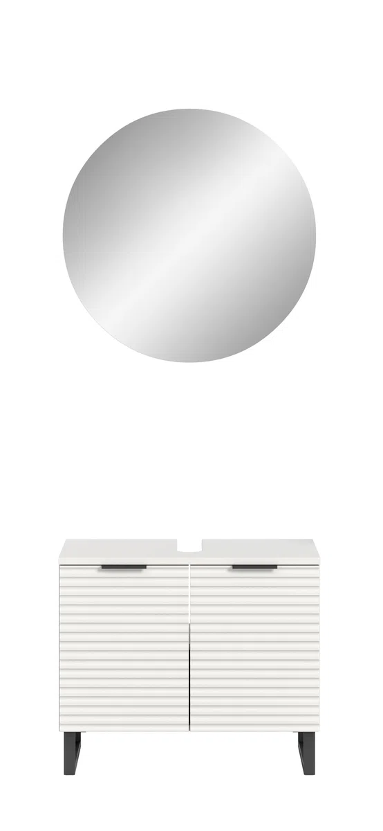 xonox.home Badezimmer Riff 2tlg. Kombination Badmöbel Set kleine Bäder Komplettprogramm Bademöbel-Set in weiß Waschbeckenunterschrank Spiegelschrank rund