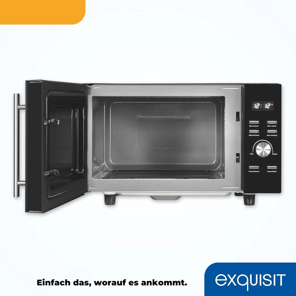 Exquisit Mikrowelle mit Grill & Flatbed - 23 Liter, 750 W, Schwarz | Ohne Drehteller, 1 000 W Grillfunktion, 5 Leistungsstufen, digitales Display – kompaktes Schwarz-Matt-Design