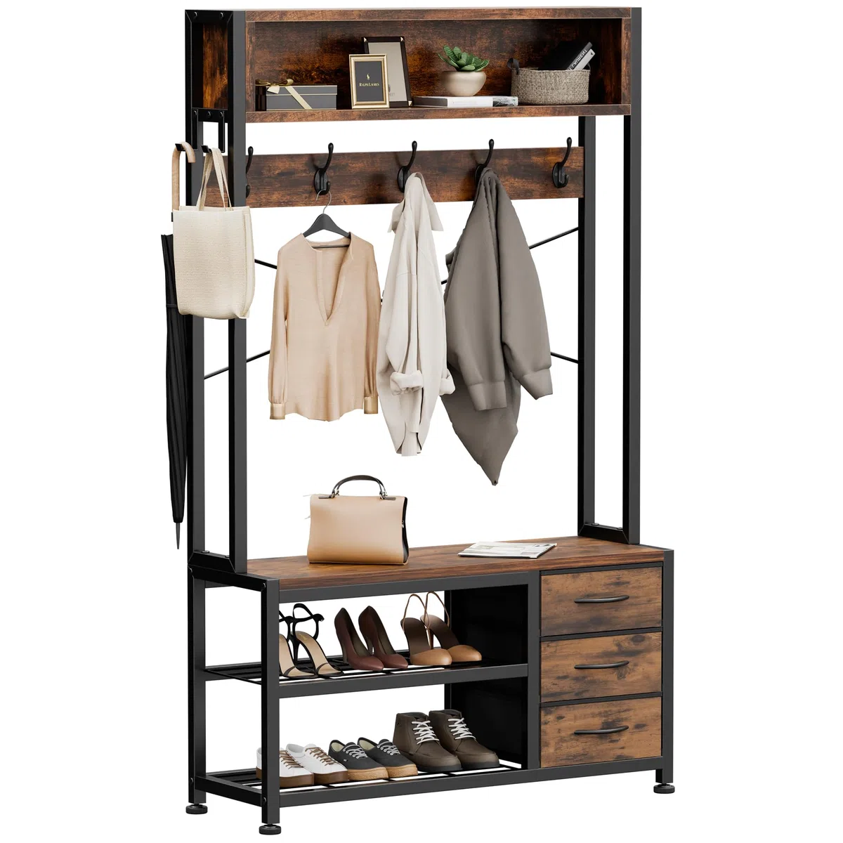 Garderobenständer mit Schuhablage, Garderobe mit Sitzbank, 12 Haken, 3 Schubladen und 1 Ablagefläche, Metallrahmen, 30 x 80 x 180 cm, für Flur Eingänge (Rustikal Braun)