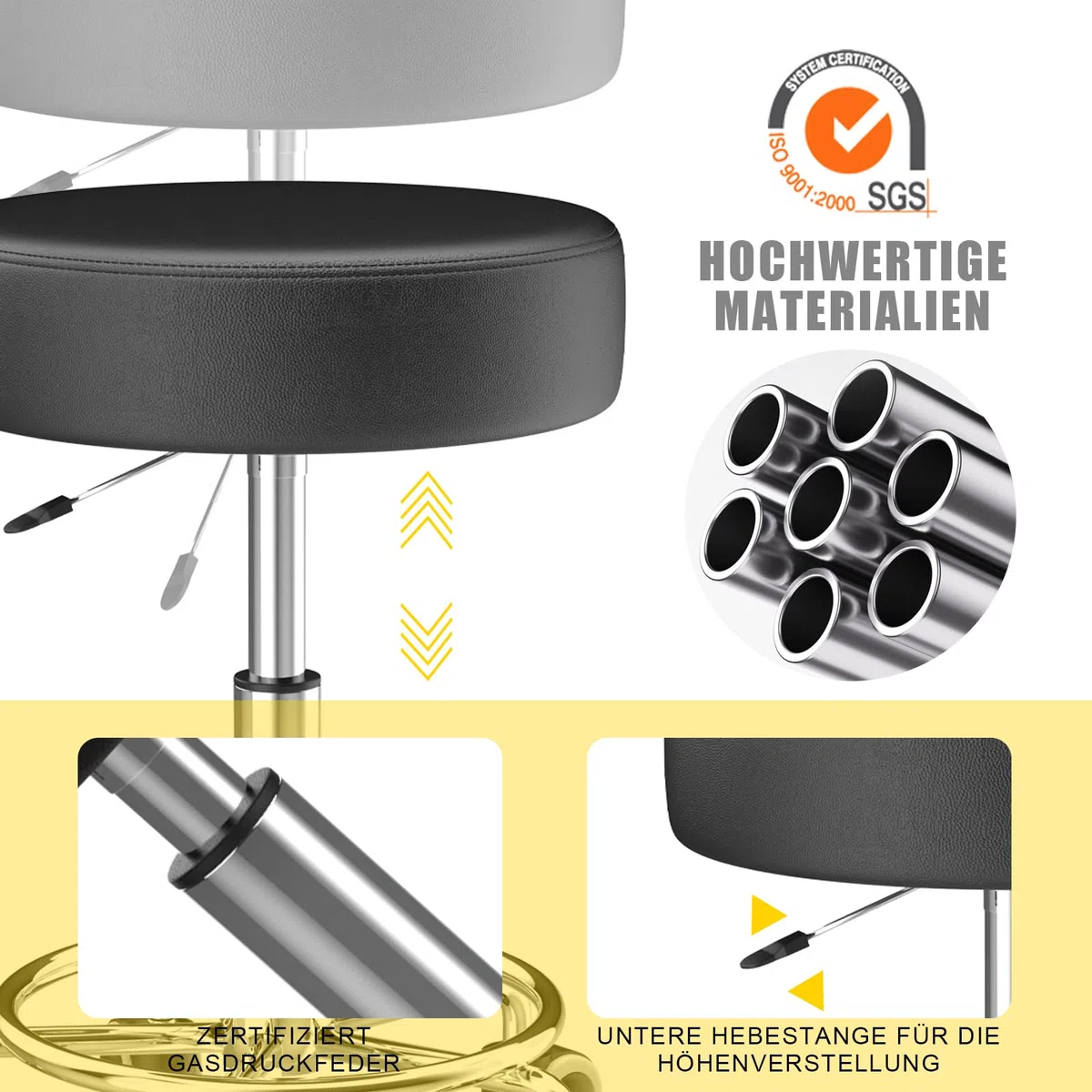Hocker höhenverstellbar 49cm-63cm,Rollhocker mit fußstützezur Entspannung des Körpers,kompakt,bequem und leicht PU leder hocker mit rollen,drehhocker,arbeitshocker,friseurhocker,bürohocker (1 Schwarz)