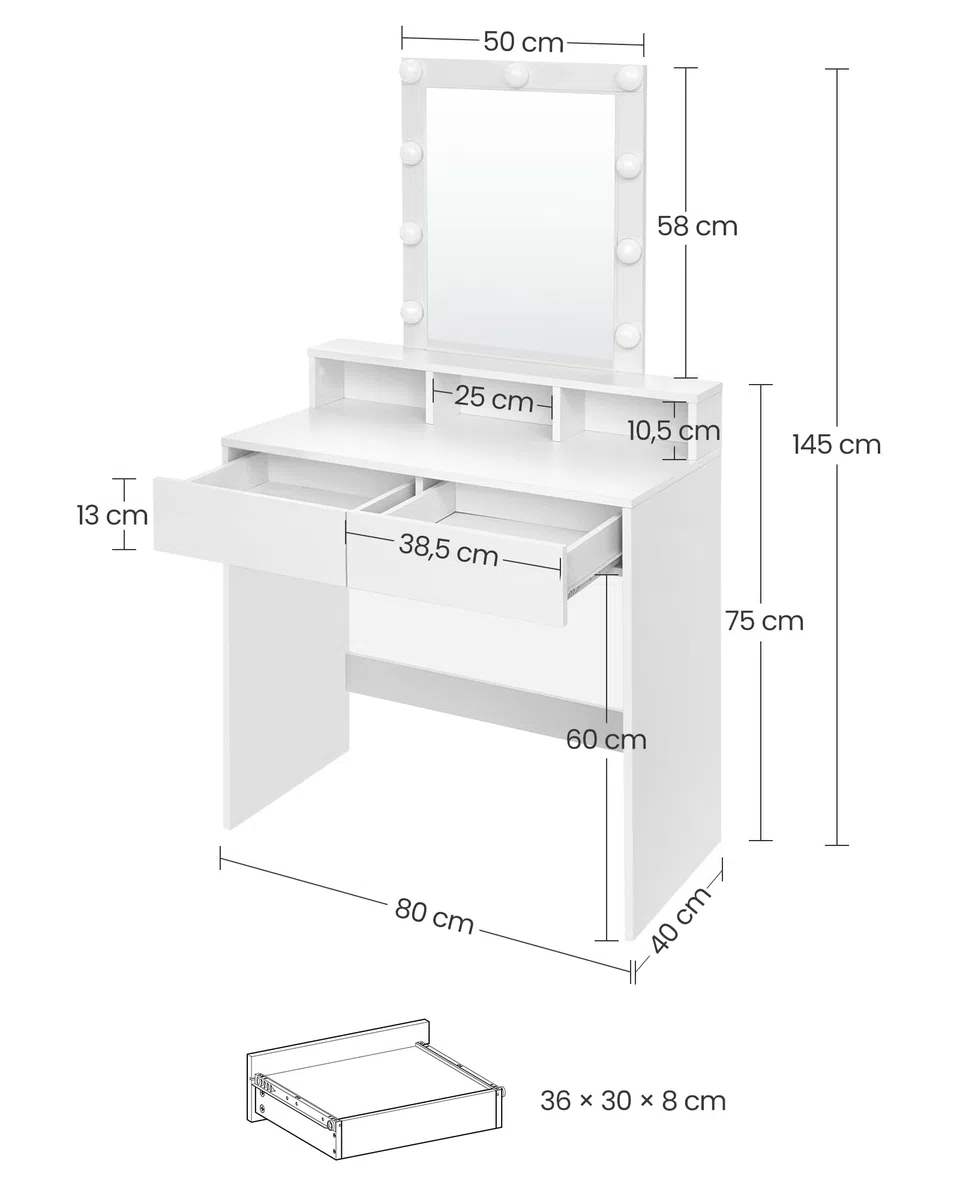 VASAGLE Kailyn Kollektion - Schminktisch mit LED-Beleuchtung, einstellbare Helligkeit, Frisiertisch mit Spiegel, Kosmetiktisch mit 2 Schubladen und 3 offenen Fächern, weiß RDT114W01