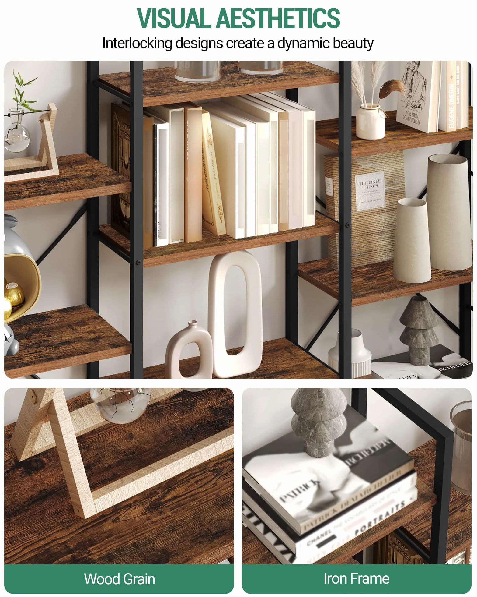 Hzuaneri 186 cm Bücherregale, Standregale, Regal mit 17 Fachböden, 6 Etagen, Verstellbarer Abstand, 24 x 152 x 186 cm, Tragfähigkeit 340 kg, Wohnzimmer, Büro, Vintage Braun-Schwarz BC10101B