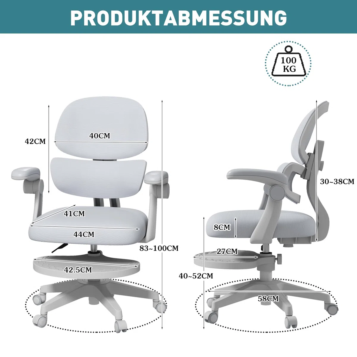 JOYLDIAS Schreibtischstuhl Kinder Ergonomischer, Kinderstuhl mit Verstellbarer Rückenlehne & Übergroß Fußablage, Bürostuhl Kinder Drehstuhl mit klappbarer Armlehnen, Stuhl Für Kinder & Jugendliche
