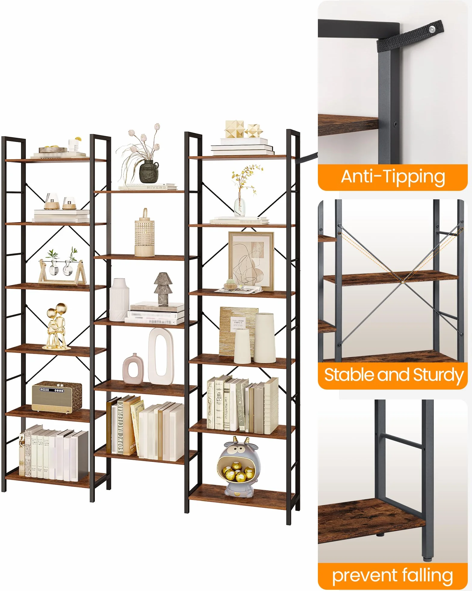 Hzuaneri 186 cm Bücherregale, Standregale, Regal mit 17 Fachböden, 6 Etagen, Verstellbarer Abstand, 24 x 152 x 186 cm, Tragfähigkeit 340 kg, Wohnzimmer, Büro, Vintage Braun-Schwarz BC10101B