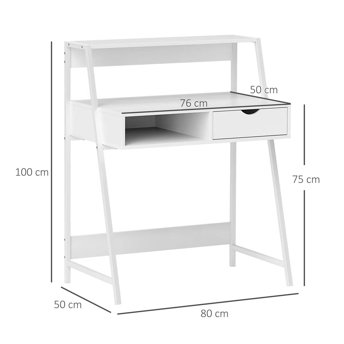 HOMCOM Sekretär-Schreibtisch, Computertisch, Retro-Stil, Schublade, Nische, Regal, Metall, Weiß