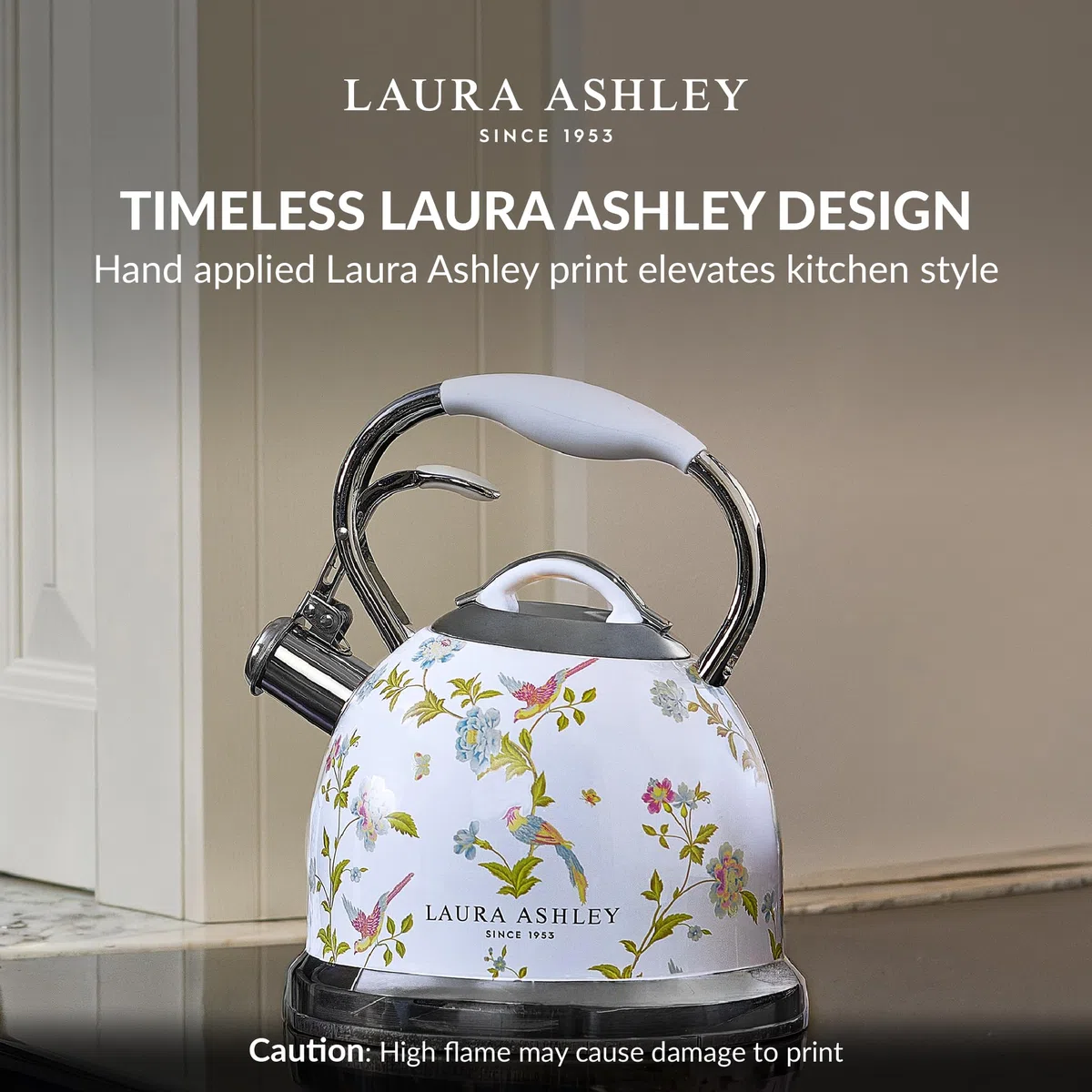 Laura Ashley Elveden White 3 Litern Wasserkessel Induktion von VQ – Wasserkessel Camping mit Pfeifton für Gasherd, Induktions kochfeld oder andere Kochfelder mit Druckknopf Mechanismus