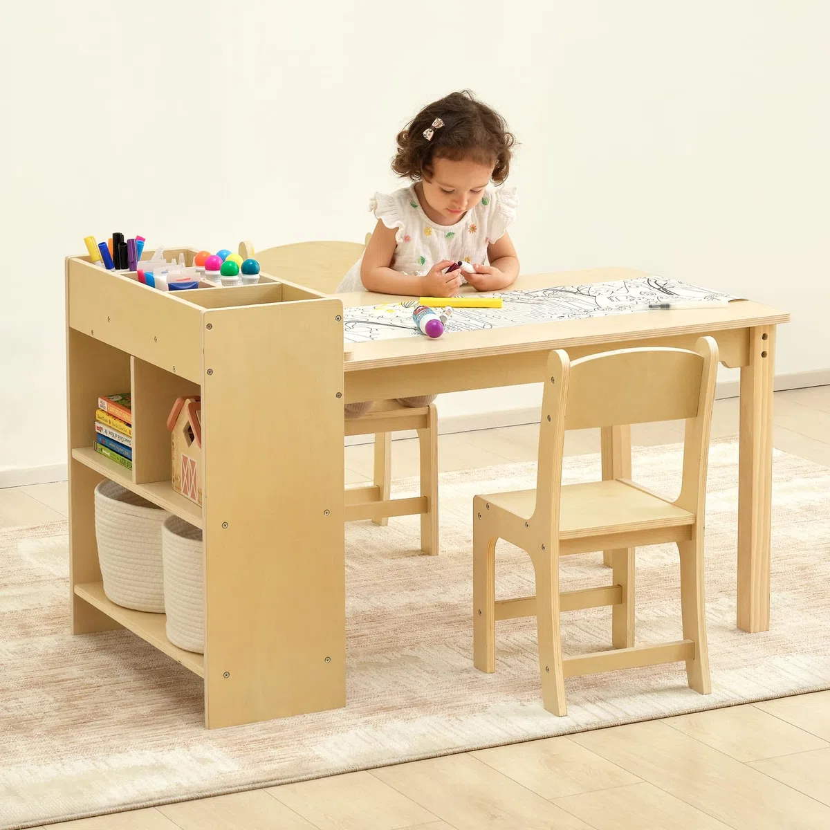OOOK Kindertisch mit 2 Stühlen, Basteltisch Kindersitzgruppe mit Stauraum aus Holz, Aktivitätstisch Maltisch für Kinderzimmer, Klassenzimmer, Kindergarten