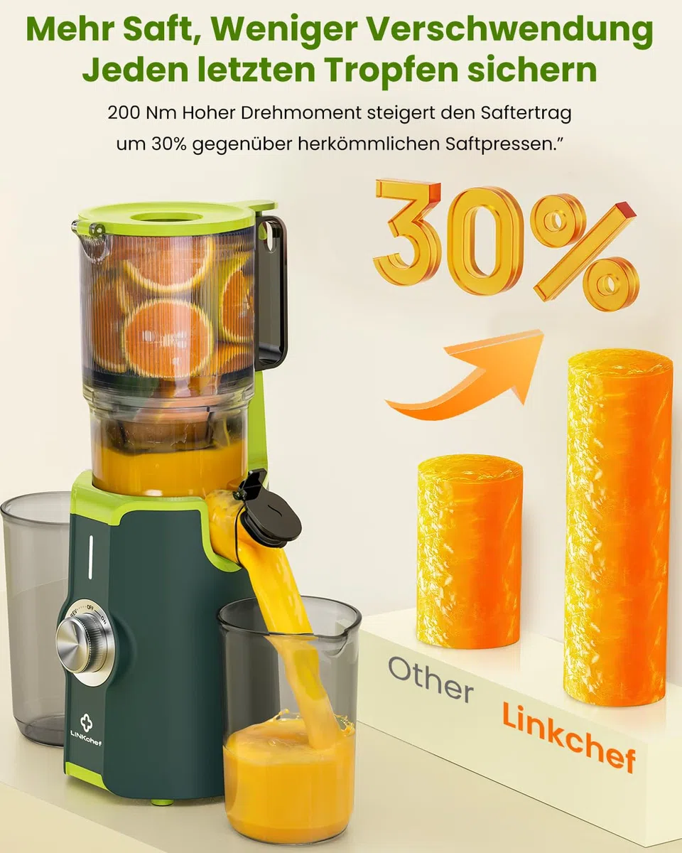LINKChef Entsafter Slow Juicer, 115 mm Große Einfüllöffnung für Entsafter Gemüse und Obst Testsieger, Kaltentsafter 200W, BPA-frei, Einfach zu Reinigen und Montieren, Grün